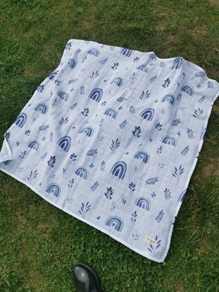 Blue Rainbow - Organik Müslin Örtü 100 X 100
