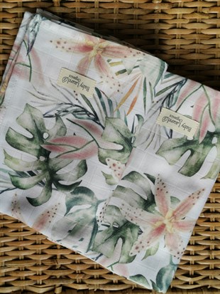 Pink Lilies - Organik Müslin Örtü 100X100