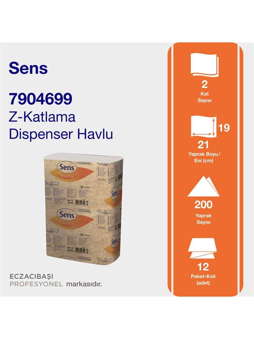 Sens Z Katlama Havlu 200'lü (19 cm x 21 cm) x 12 Adet (7904699