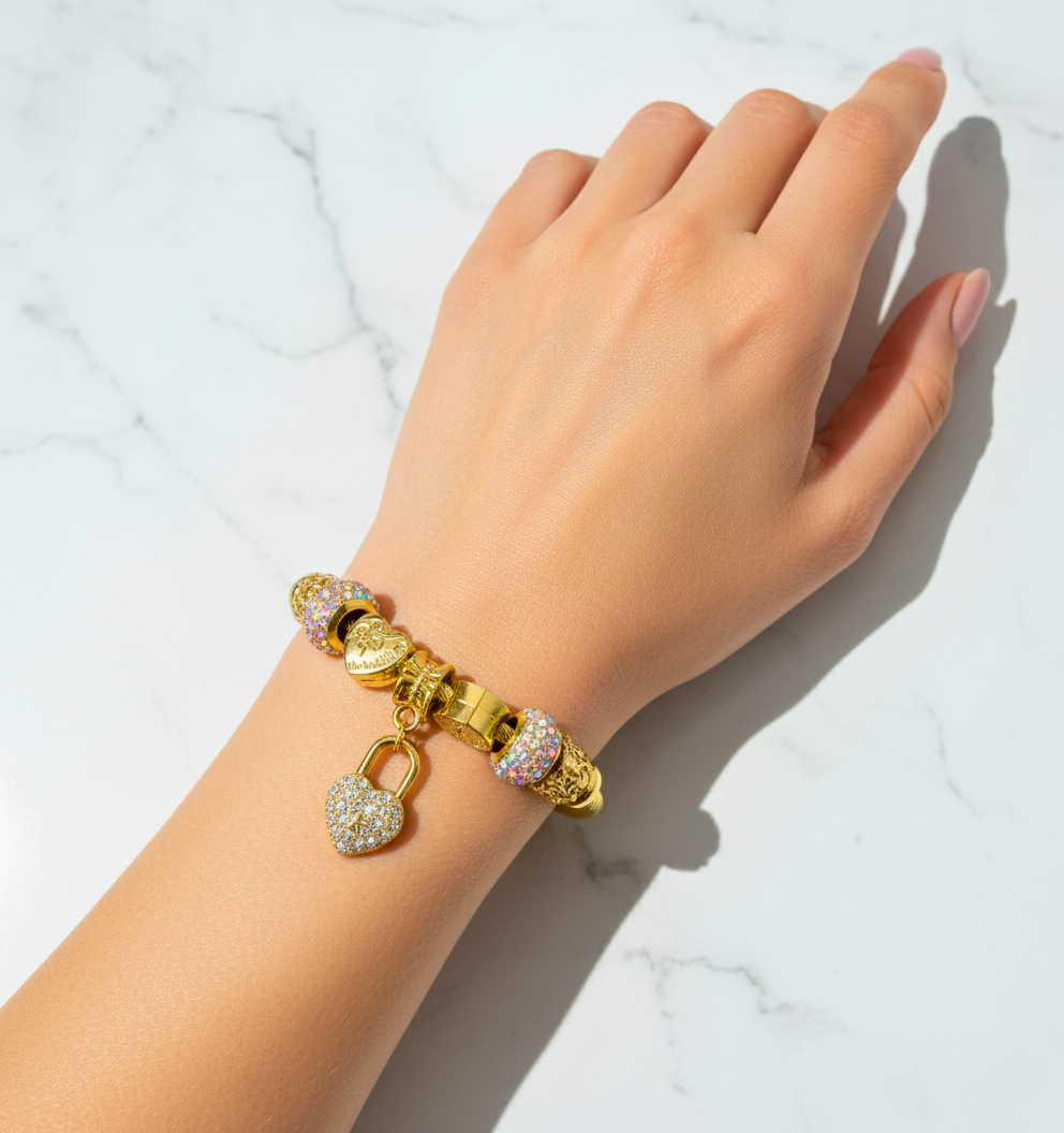 BRZ Colection Altın Kalp Kilit Charm Bileklik 