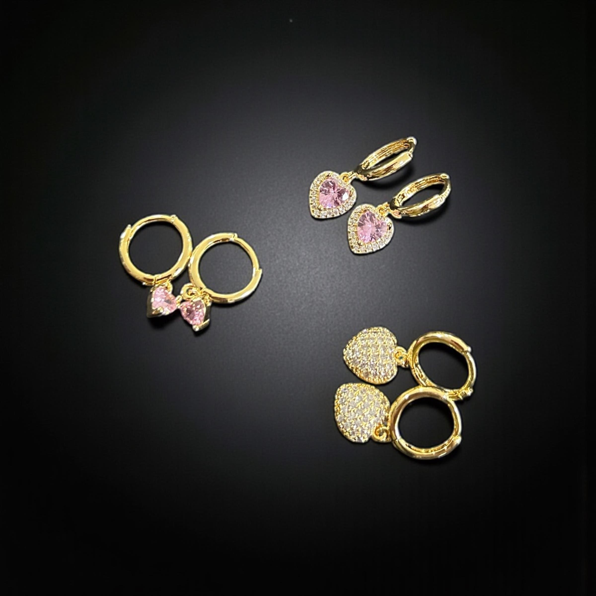 BRZ Collection 3lü Altın Renk Hoop Küpe Seti – Pembe Kalp, Taşlı & Kristal Küpeler | Altın & Gümüş Seçenekli, Romantik Hediye