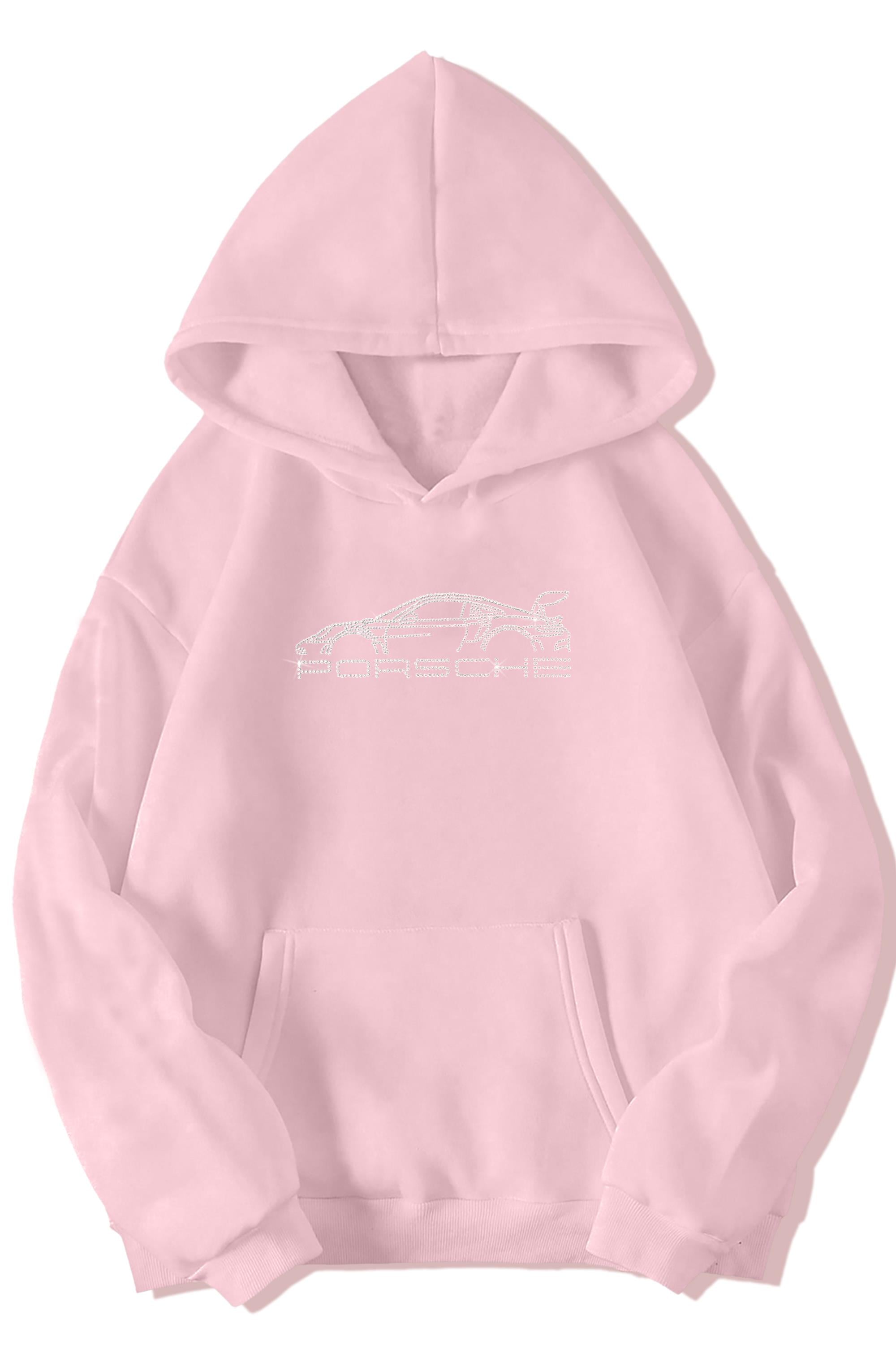 BRZ Collection Açık Pembe Unisex Oversize Taş Baskılı Porsche Hoodie Açık Pembe