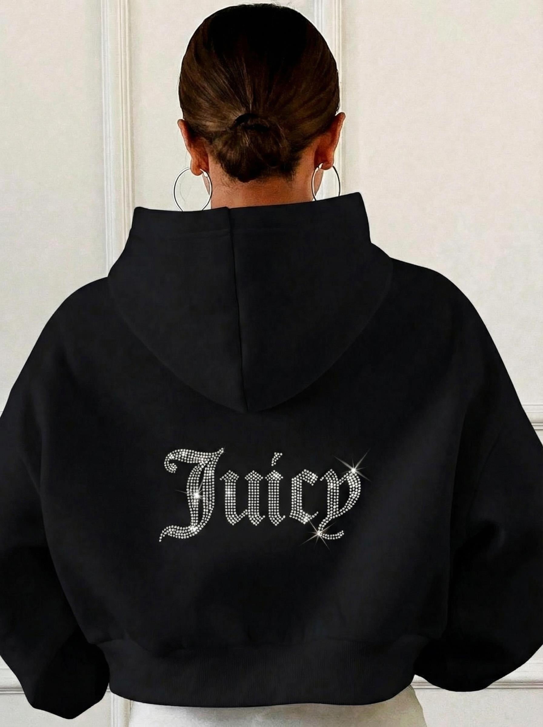 BRZ Collection Arka Taş Baskılı Juicy Crop Hoodie Siyah