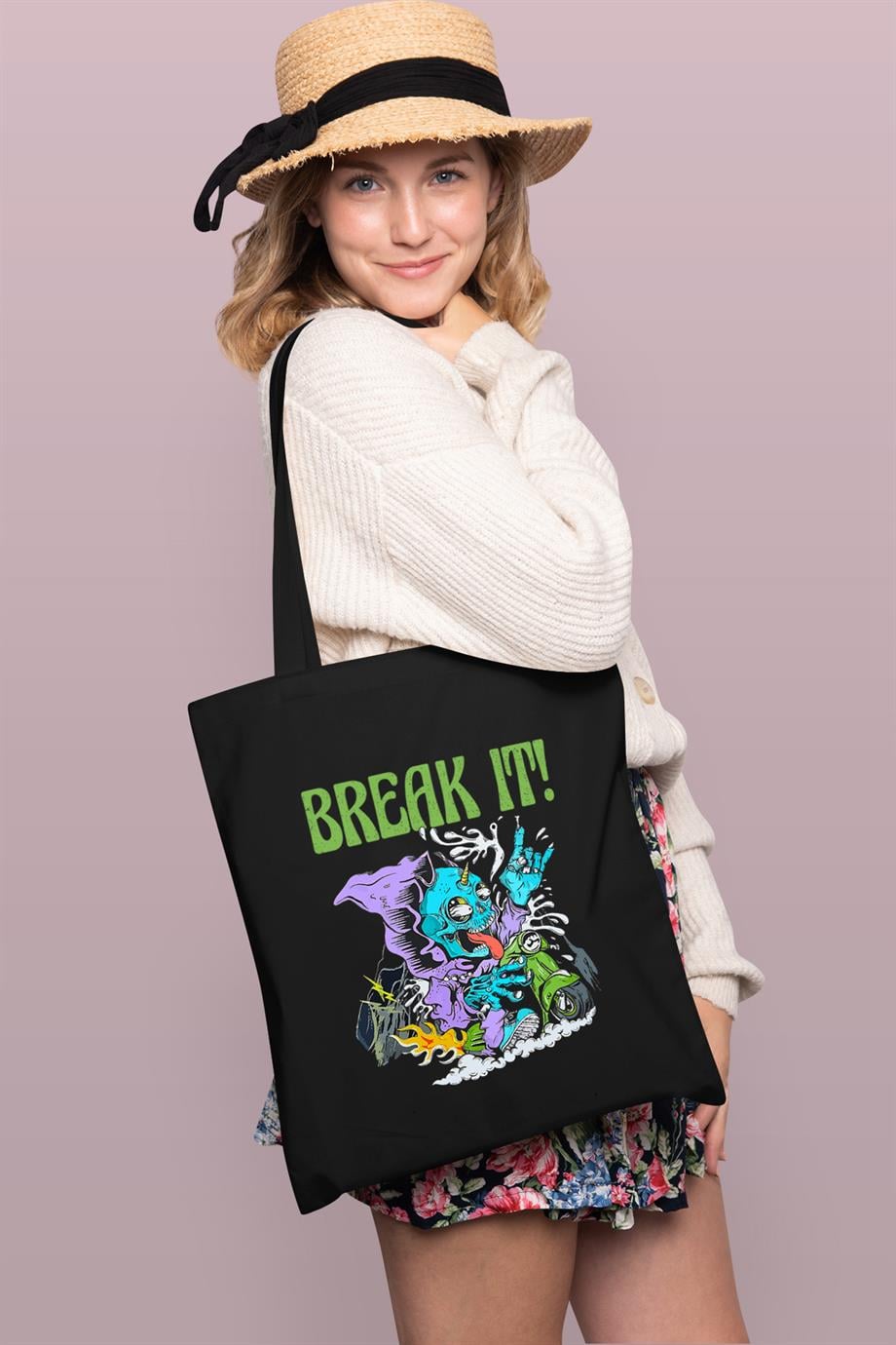 BRZ Collection Break It Baskılı Tote Bag Gabardin Çanta