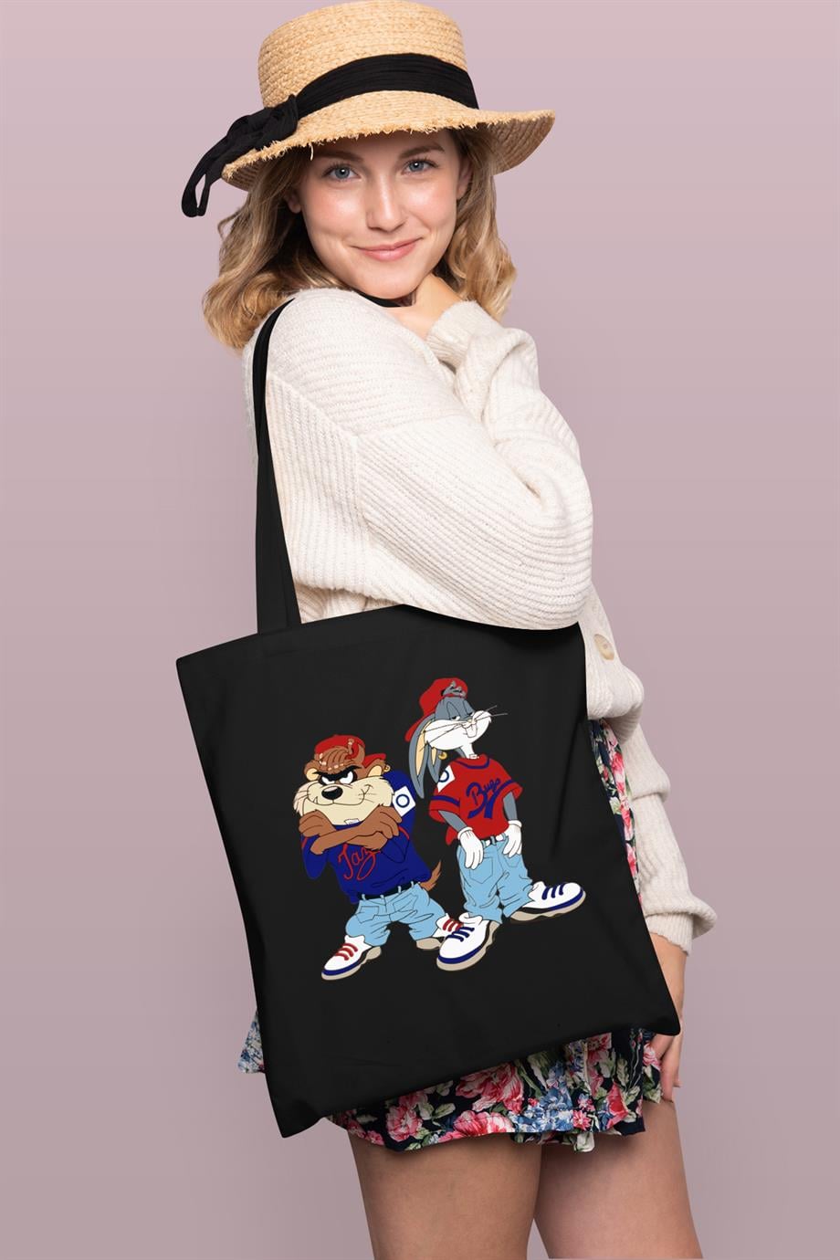 BRZ Collection Bugs ve Tazmanga Baskılı Tote Bag Gabardin Çanta