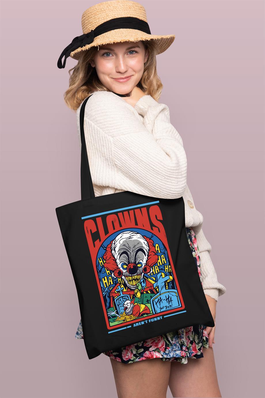 BRZ Collection Clowns No Funny Baskılı Tote Bag Gabardin Çanta