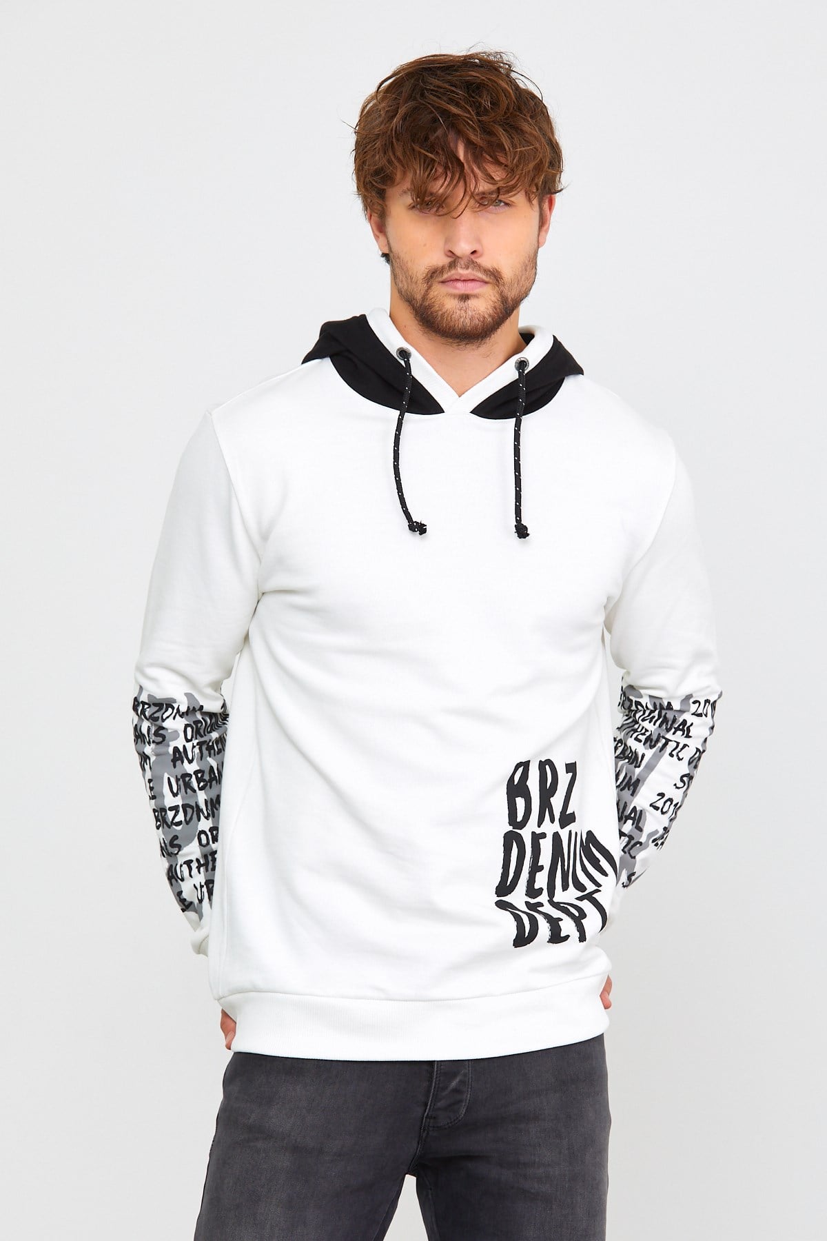 Brz Collection Ekru Erkek Kapüşonlu Sweatshirt