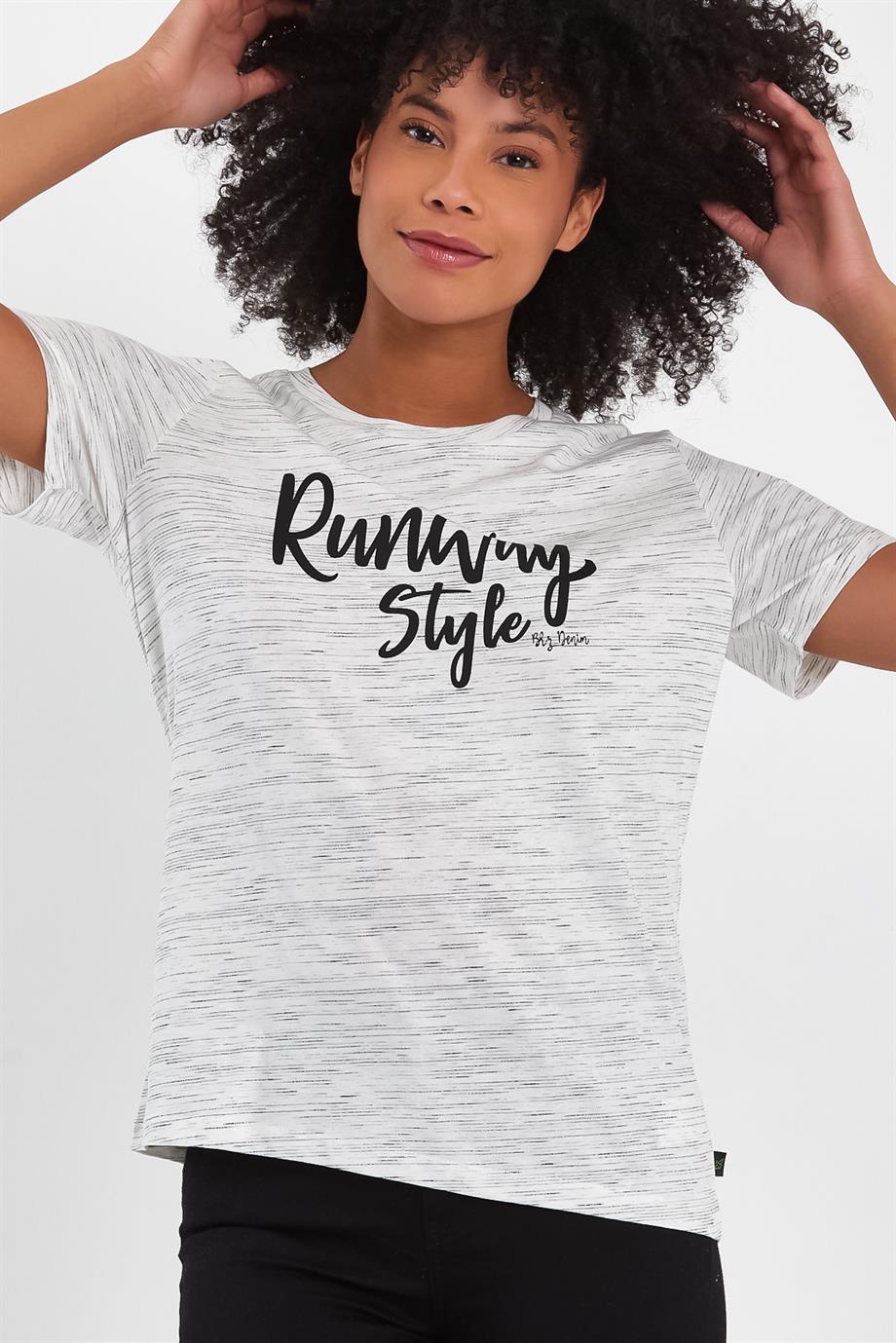BRZ Collection Ekru Renk Siyah  Kırçıllı Kadın Kısa Kollu T-shirt