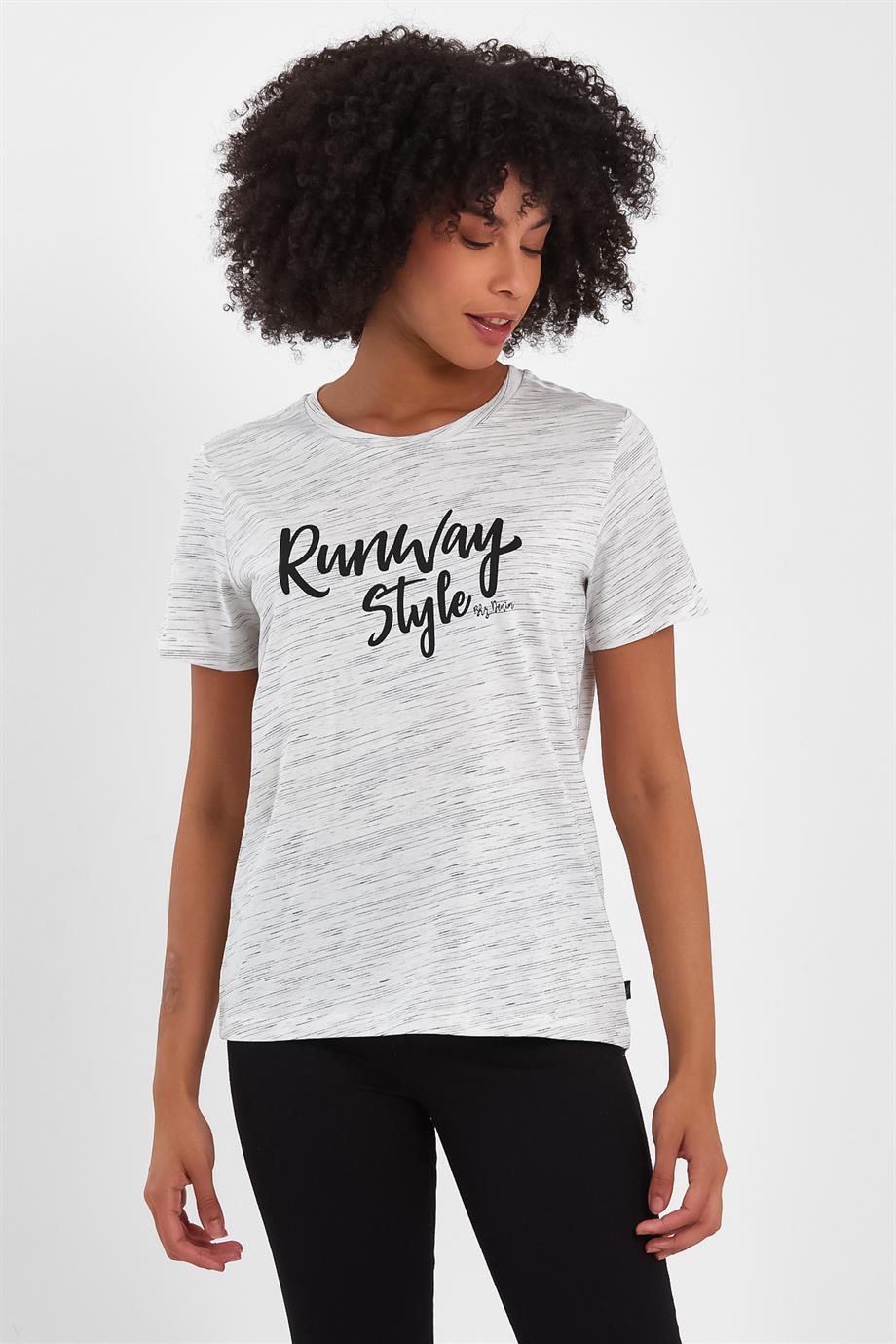 BRZ Collection Ekru Renk Siyah  Kırçıllı Kadın Kısa Kollu T-shirt