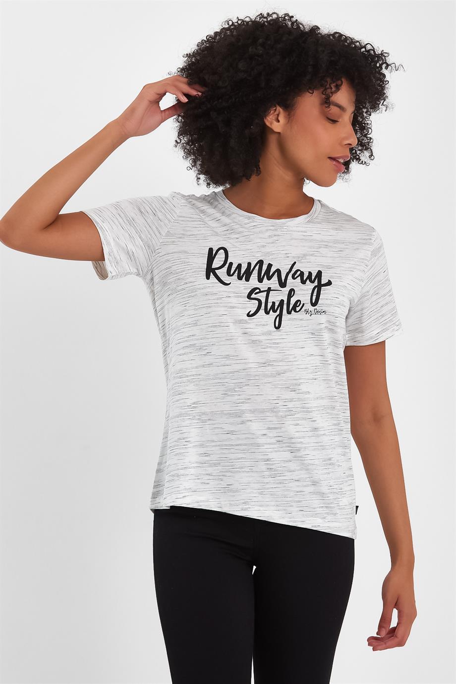 BRZ Collection Ekru Renk Siyah  Kırçıllı Kadın Kısa Kollu T-shirt