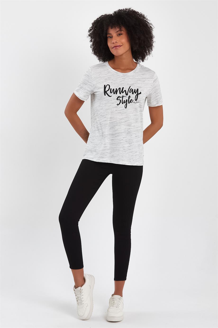 BRZ Collection Ekru Renk Siyah  Kırçıllı Kadın Kısa Kollu T-shirt