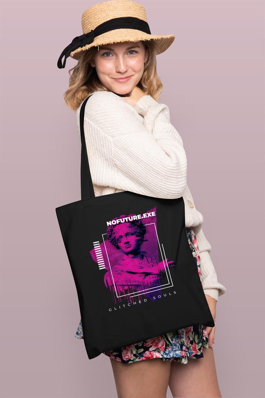 BRZ Collection Glitch Statue Baskılı Tote Bag Gabardin Çanta