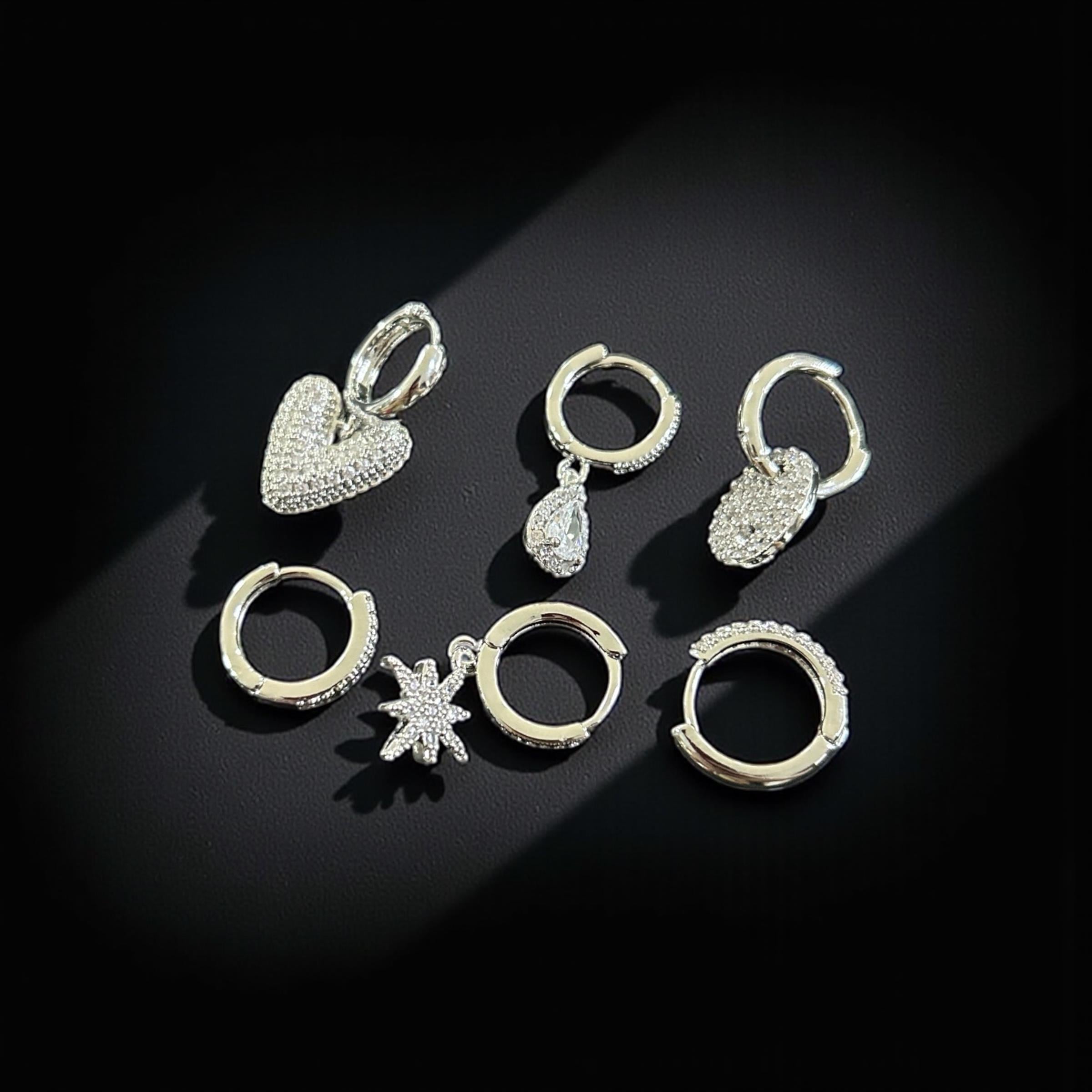 BRZ Collection Gümüş Renk 6lı Paslanmaz Çelik Tekli Hoop Küpe Seti – Kalp, Yıldız, Damla, Oval Charm | Altın & Gümüş Seçenekli