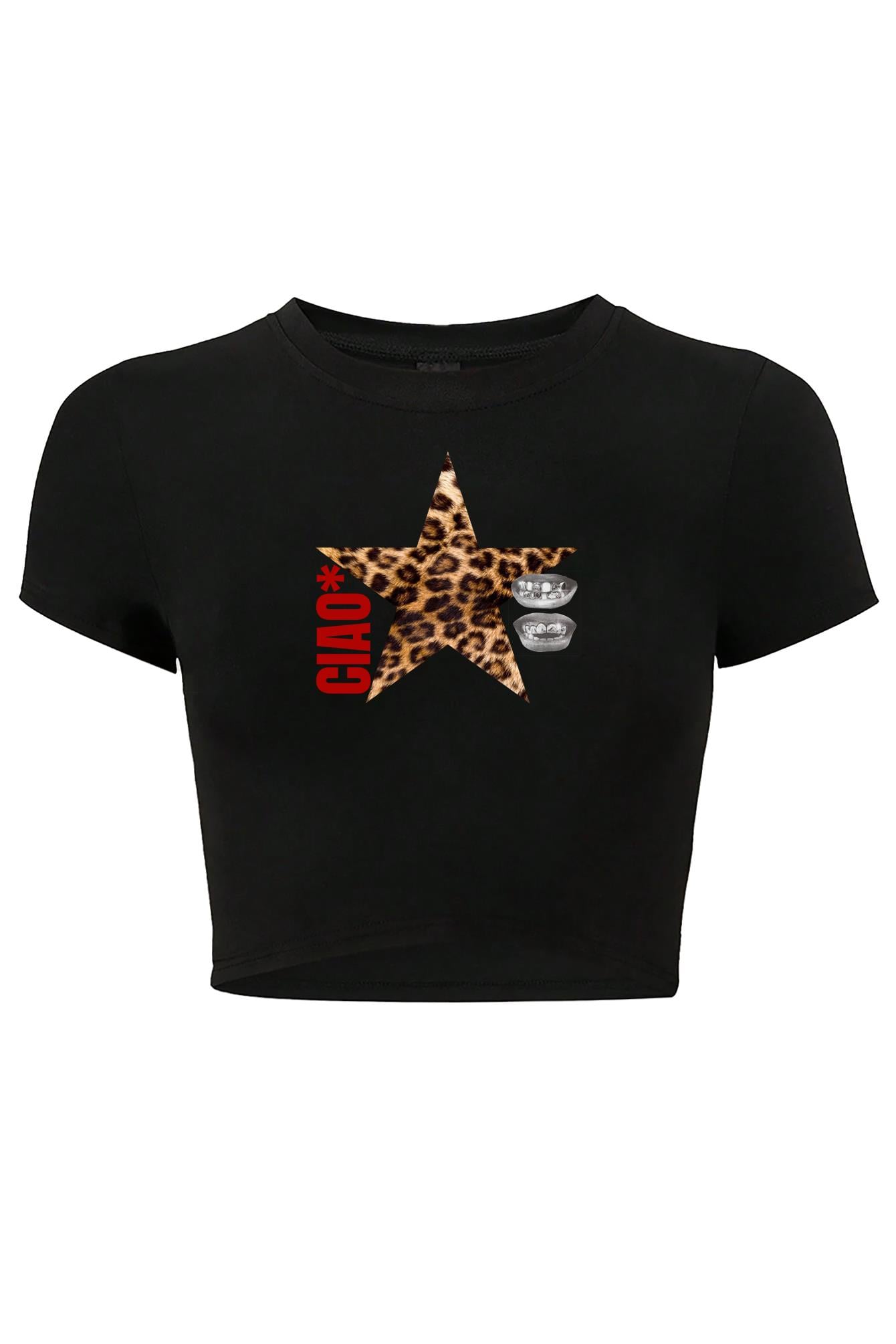 BRZ Collection Kadın Ciao Leopar Yıldız Desenli Crop T-shirt Siyah