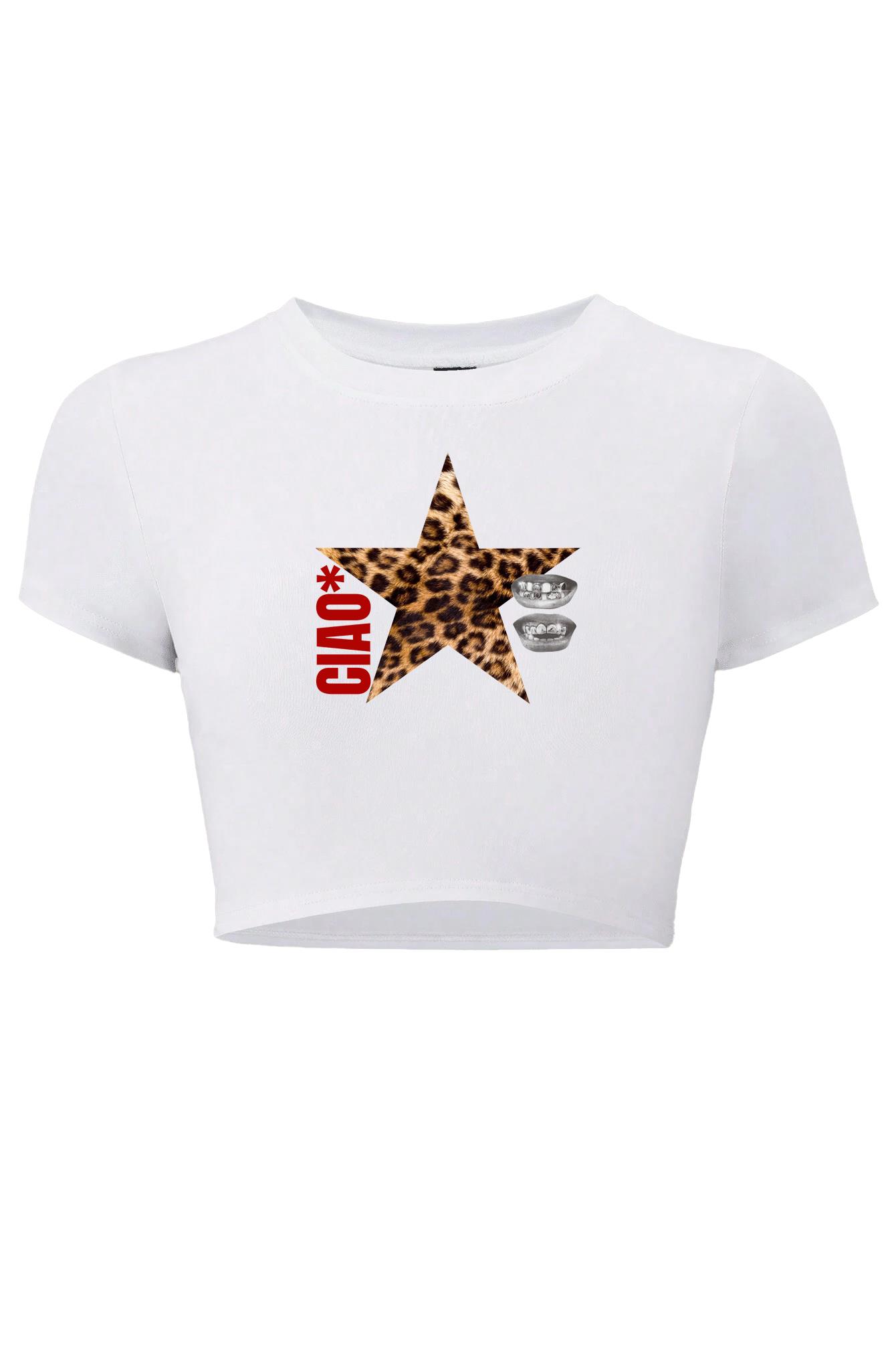 BRZ Collection Kadın Ciao Leopar Yıldız Desenli Crop T-shirt Beyaz