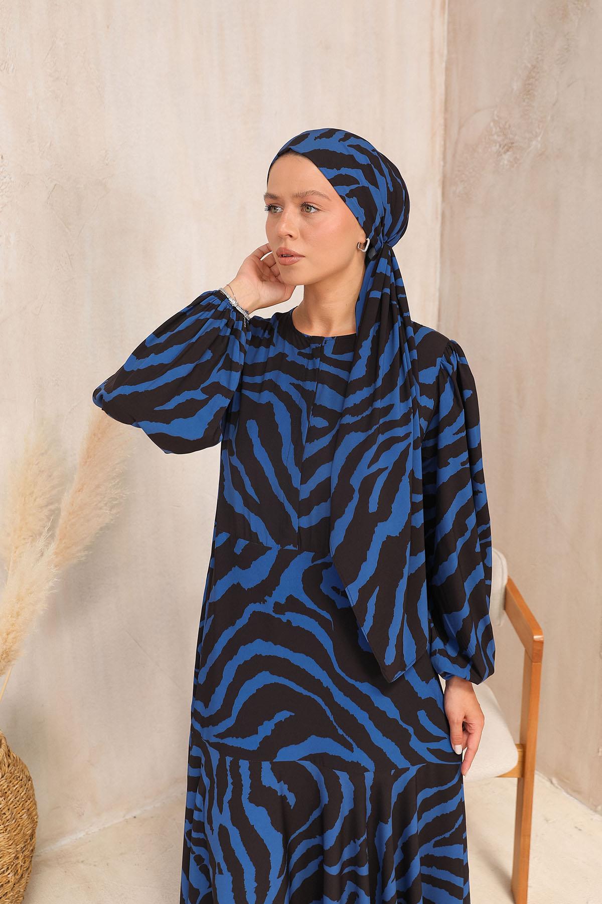BRZ Collection Kadın Desenli Şallı Elbise Lacivert