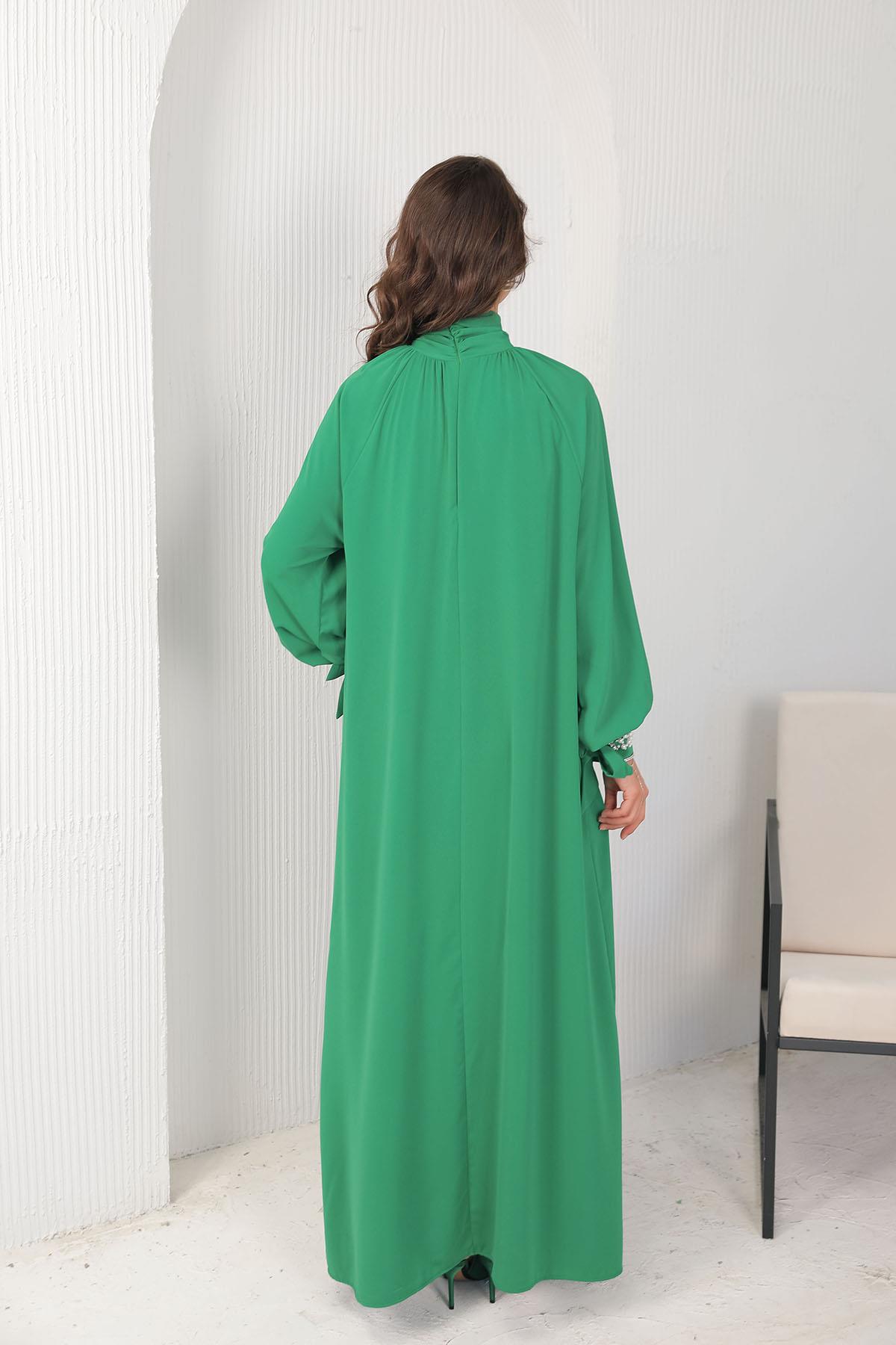BRZ Collection Kadın İnci Detaylı Benetton Yeşili Elbise