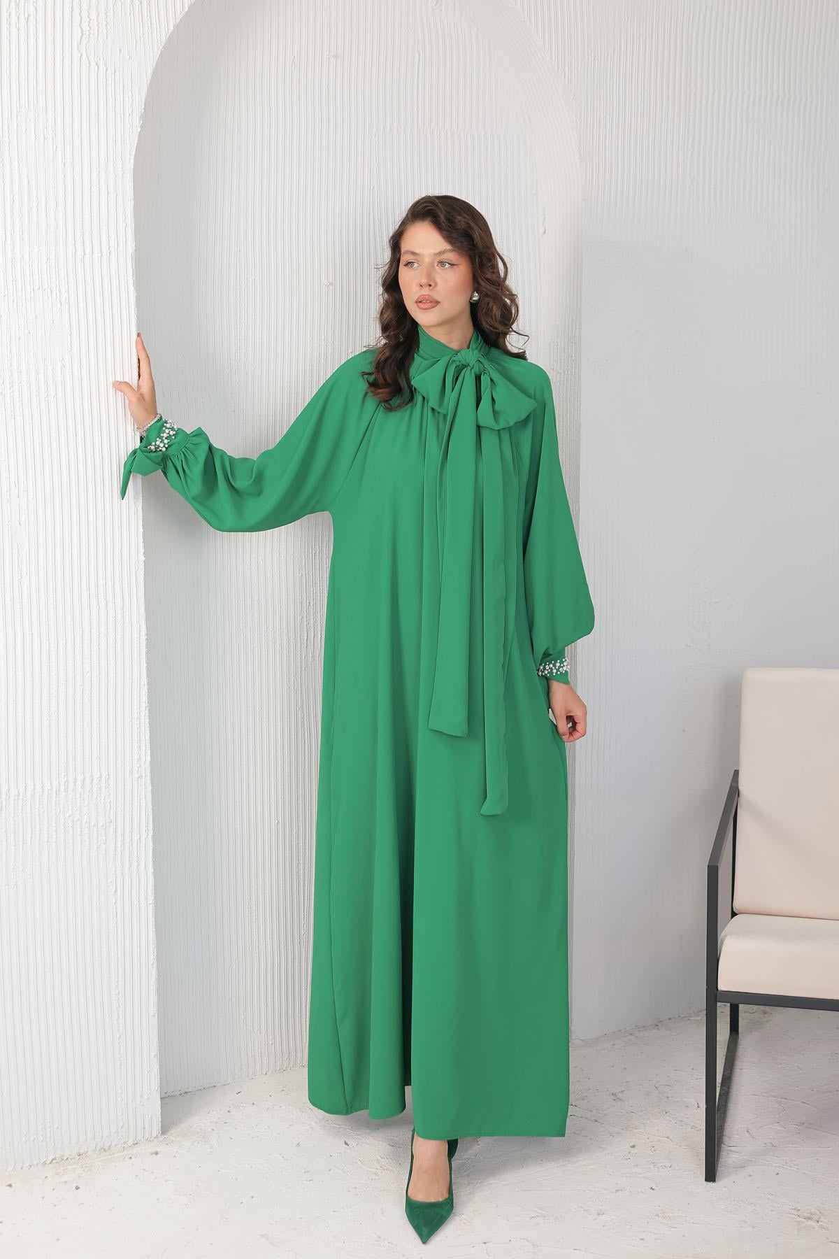 BRZ Collection Kadın İnci Detaylı Benetton Yeşili Elbise