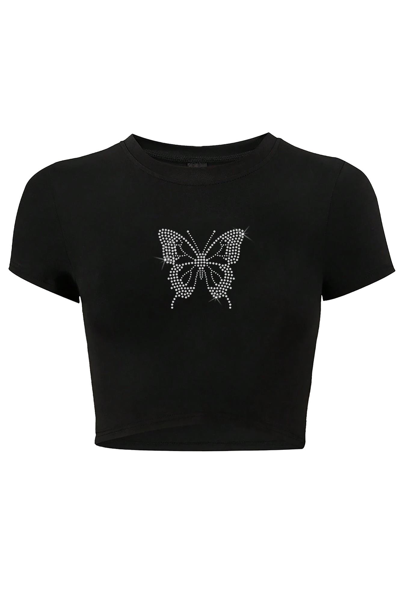 BRZ Collection Kadın Kelebek Kristal Taş Baskılı Crop T-shirt Siyah