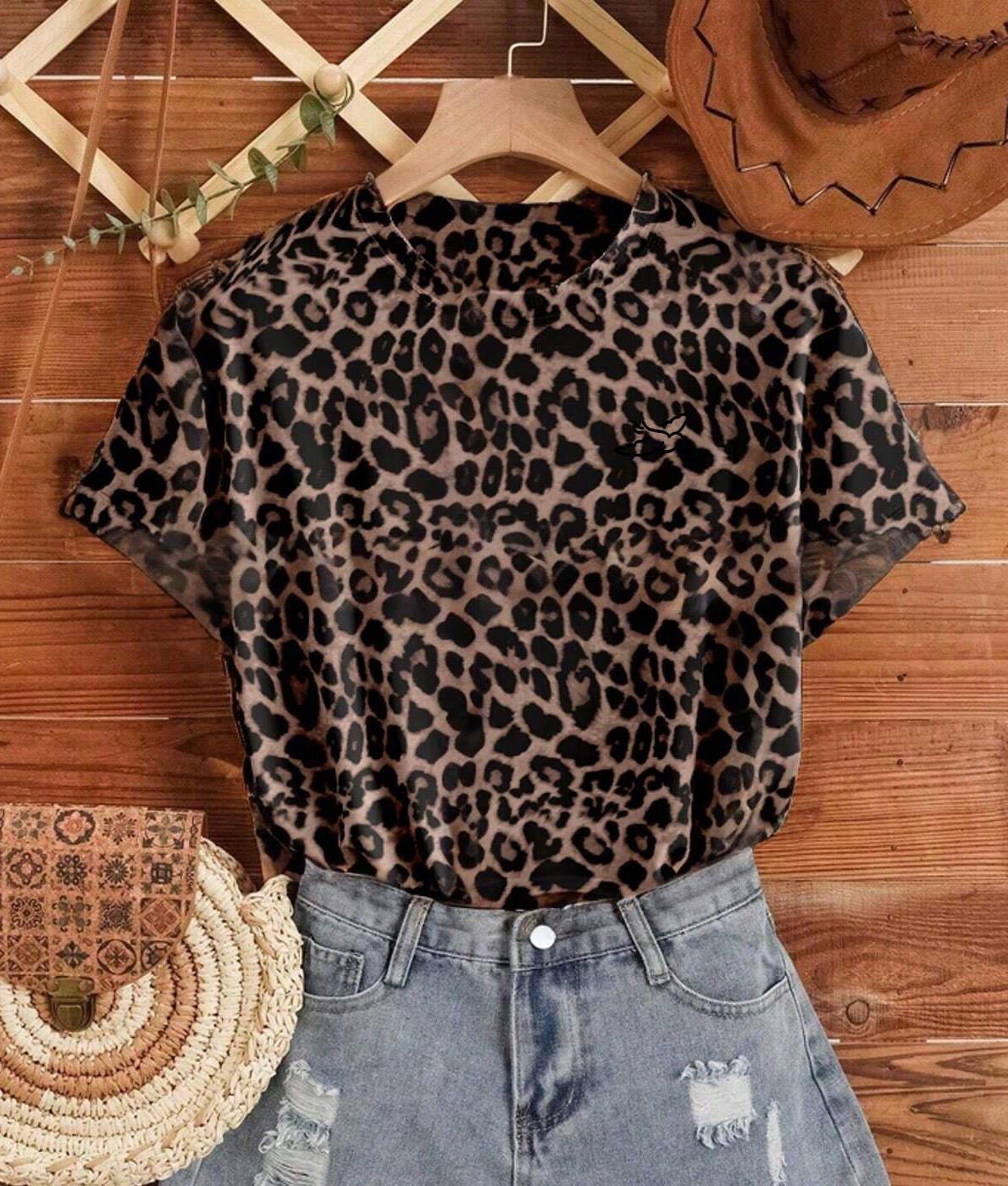 BRZ Collection Kadın Leopar Desenli Kısa Kollu T-shirt