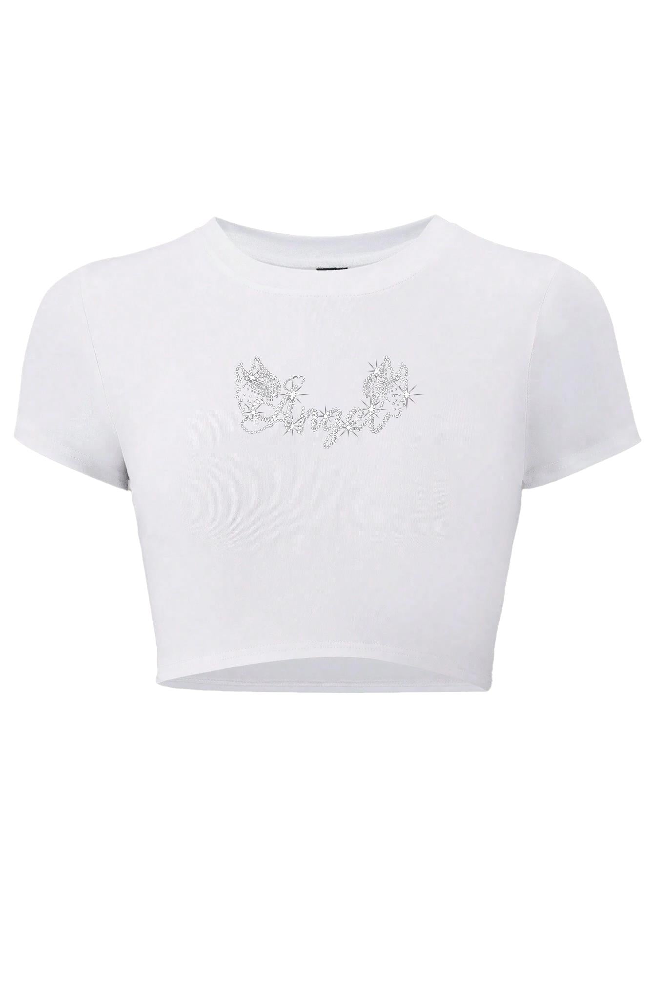 BRZ Collection Kadın Kristal Taş Baskılı Angel Crop T-shirt Beyaz