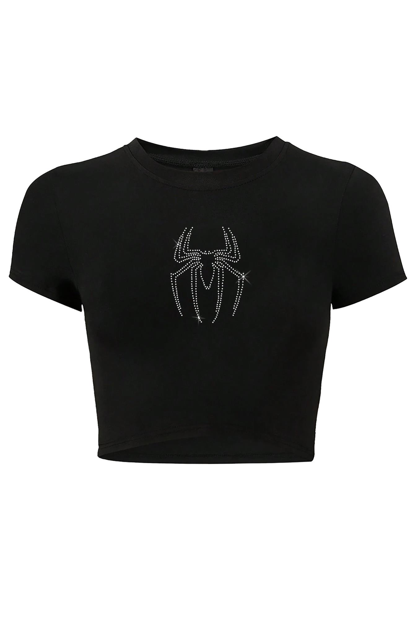 BRZ Collection Kadın Kristal Taş Baskılı Spider Crop T-shirt Siyah