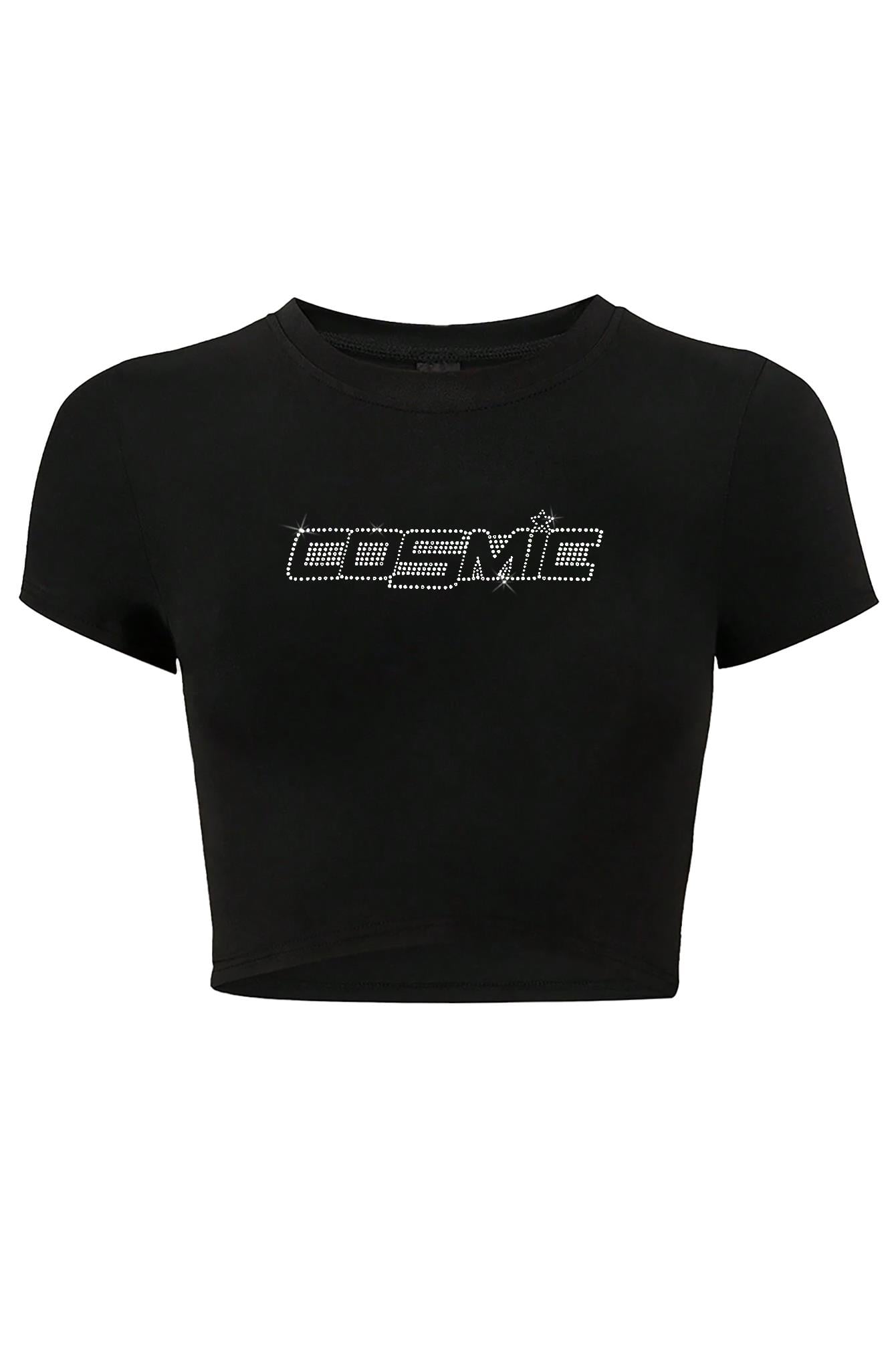 BRZ Collection Kadın Kristal Taş Baskılı Cosmic Crop T-shirt Siyah