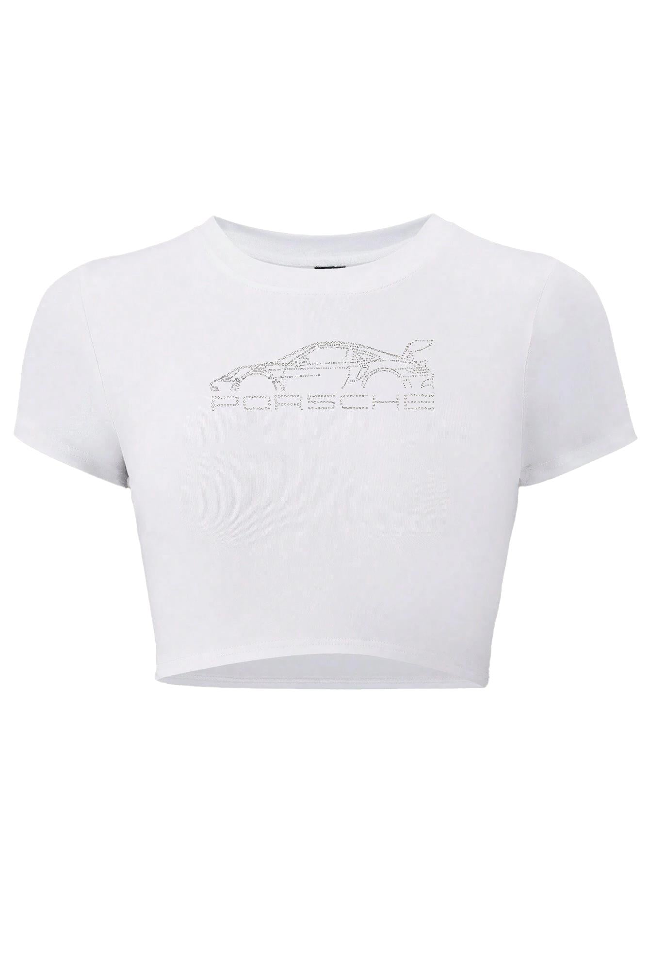 BRZ Collection Kadın Kristal Taş Baskılı Porsche Crop T-shirt Beyaz