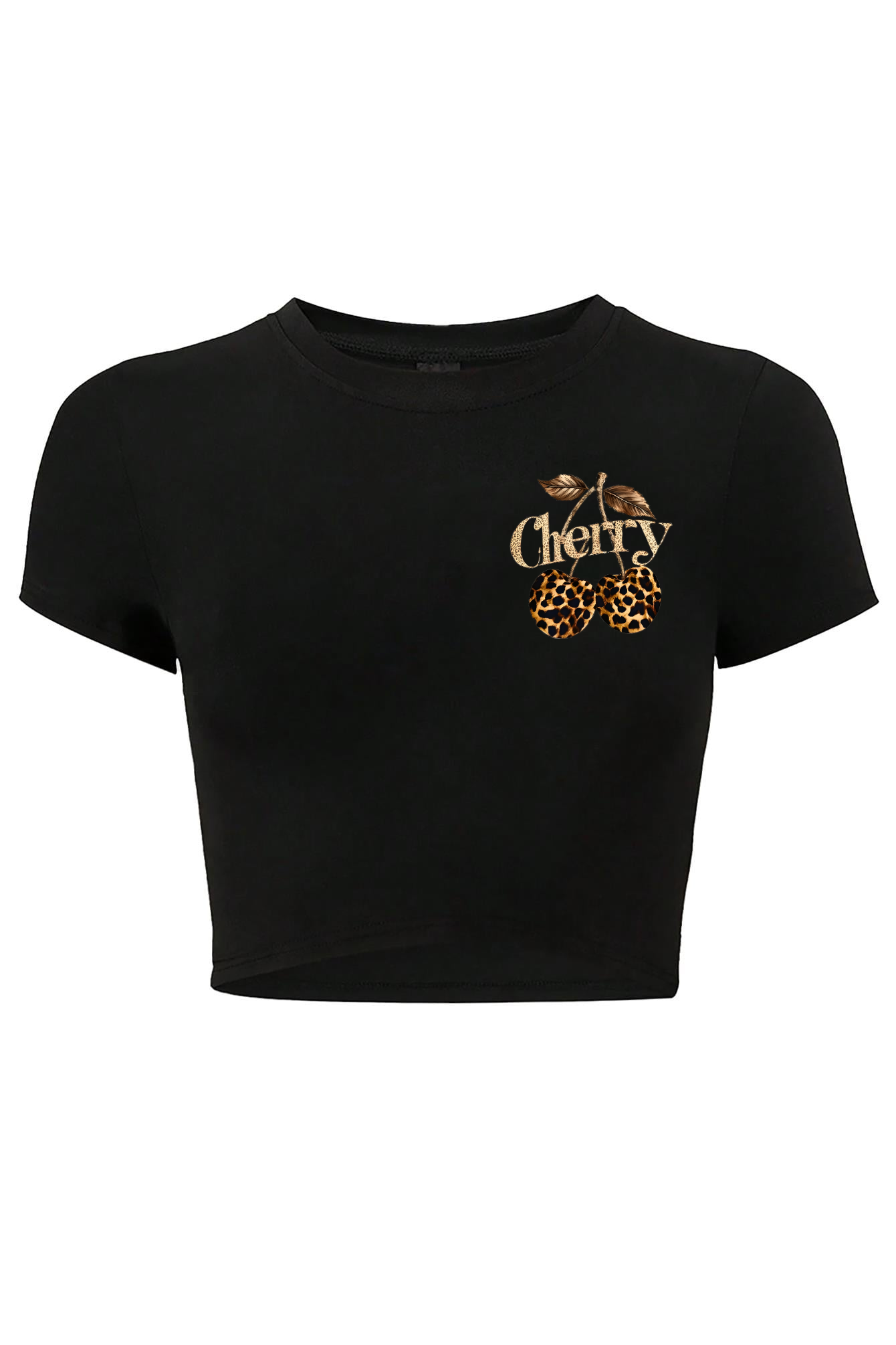 BRZ Collection Kadın Küçük Cherry Leopar Crop T-shirt Siyah