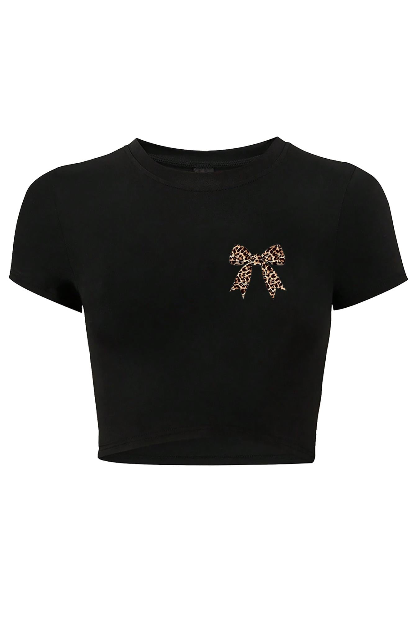 BRZ Collection Kadın Leopar Kurdele Crop T-shirt Siyah