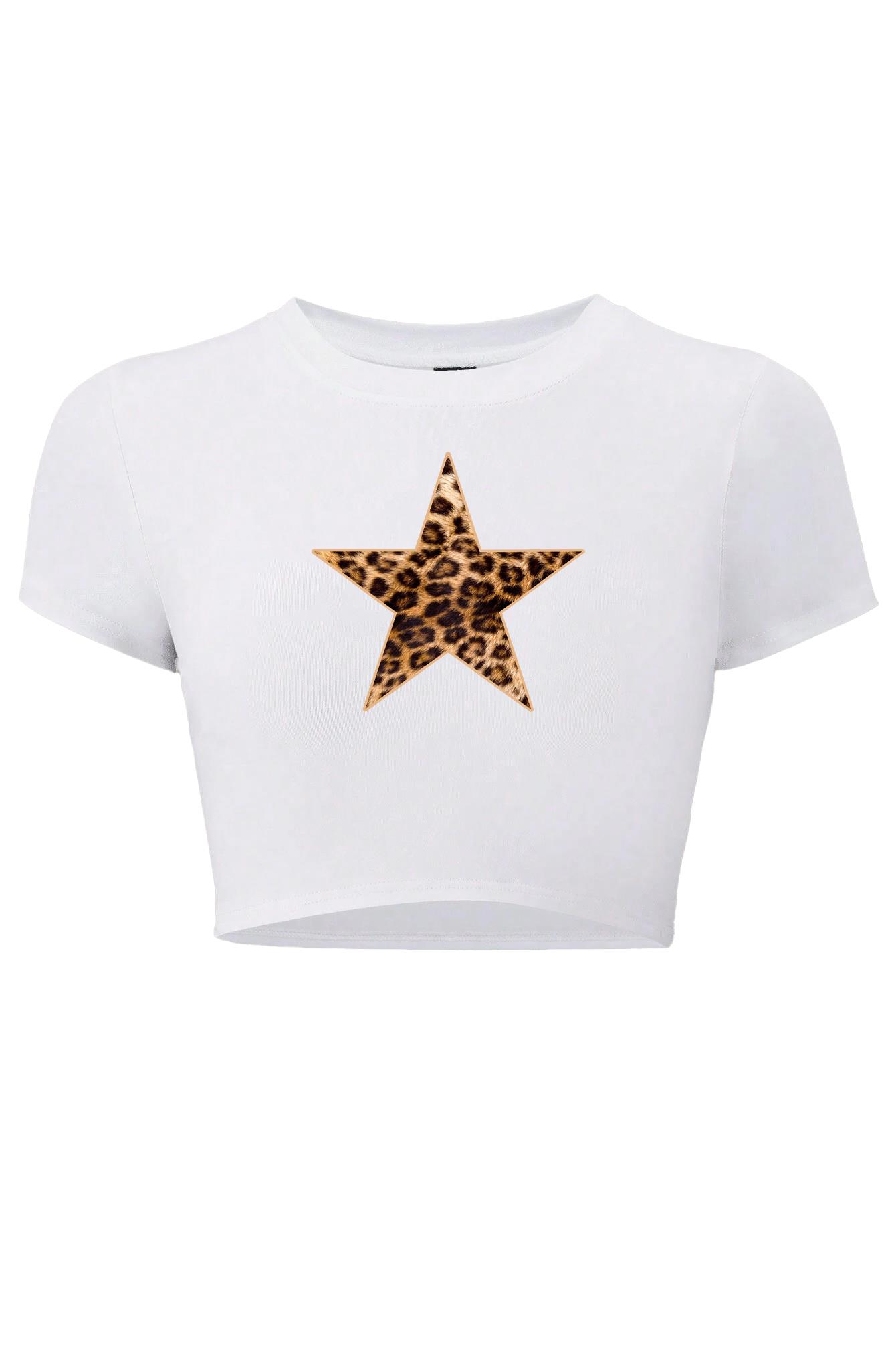 BRZ Collection Kadın Leopar Yıldız Crop T-shirt Beyaz
