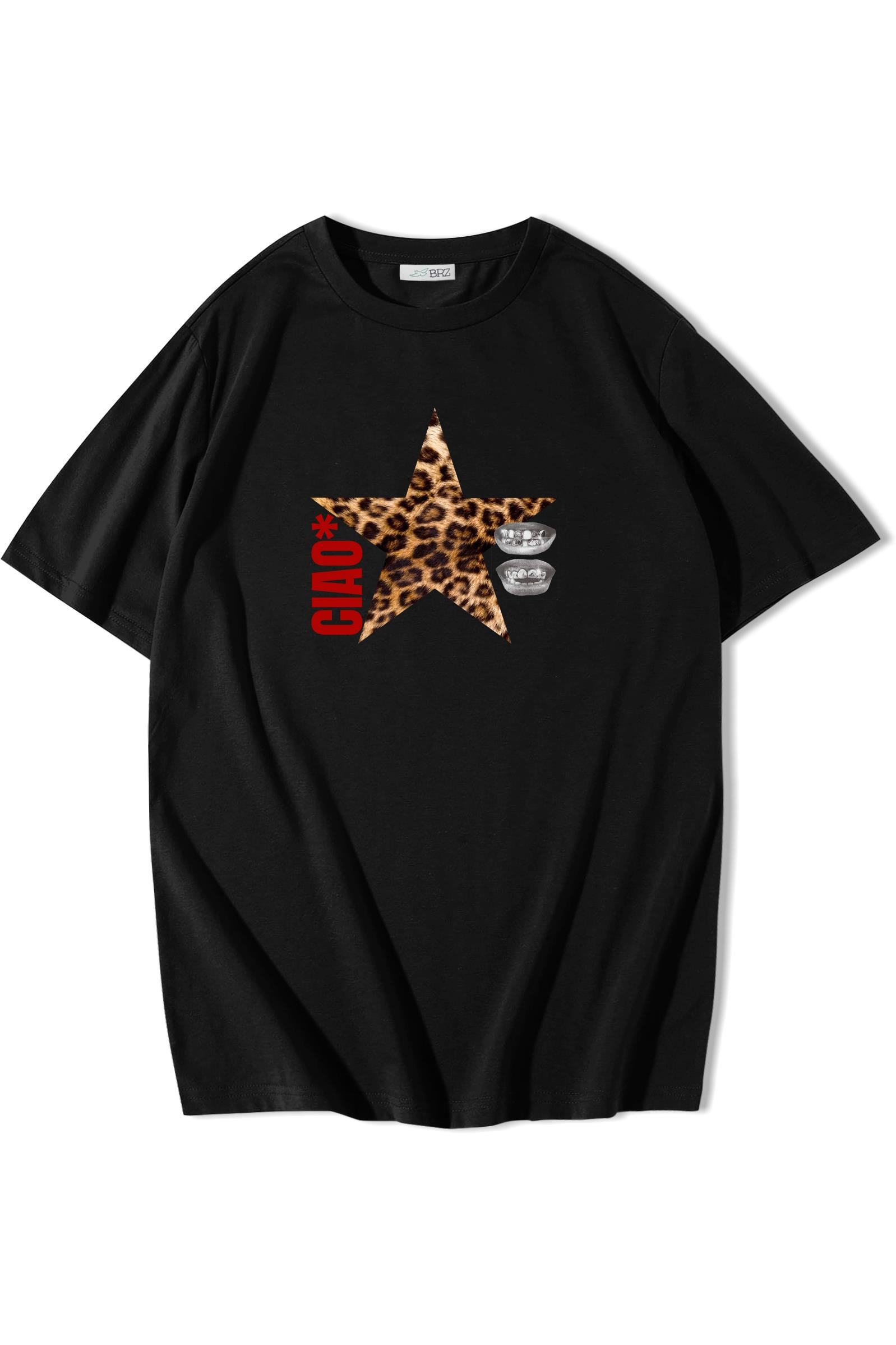 BRZ Collection Kadın Oversize Ciao Leopar Yıldız Desenli T-shirt