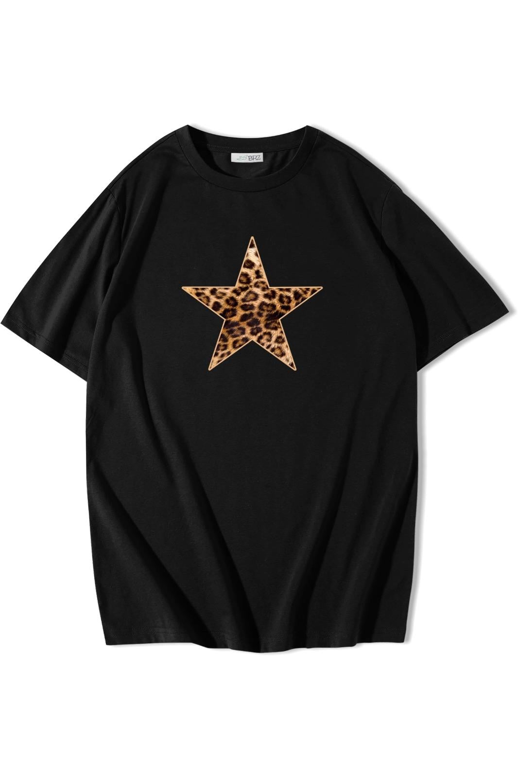 BRZ Collection Kadın Oversize Leopar Yıldız Desenli T-shirt