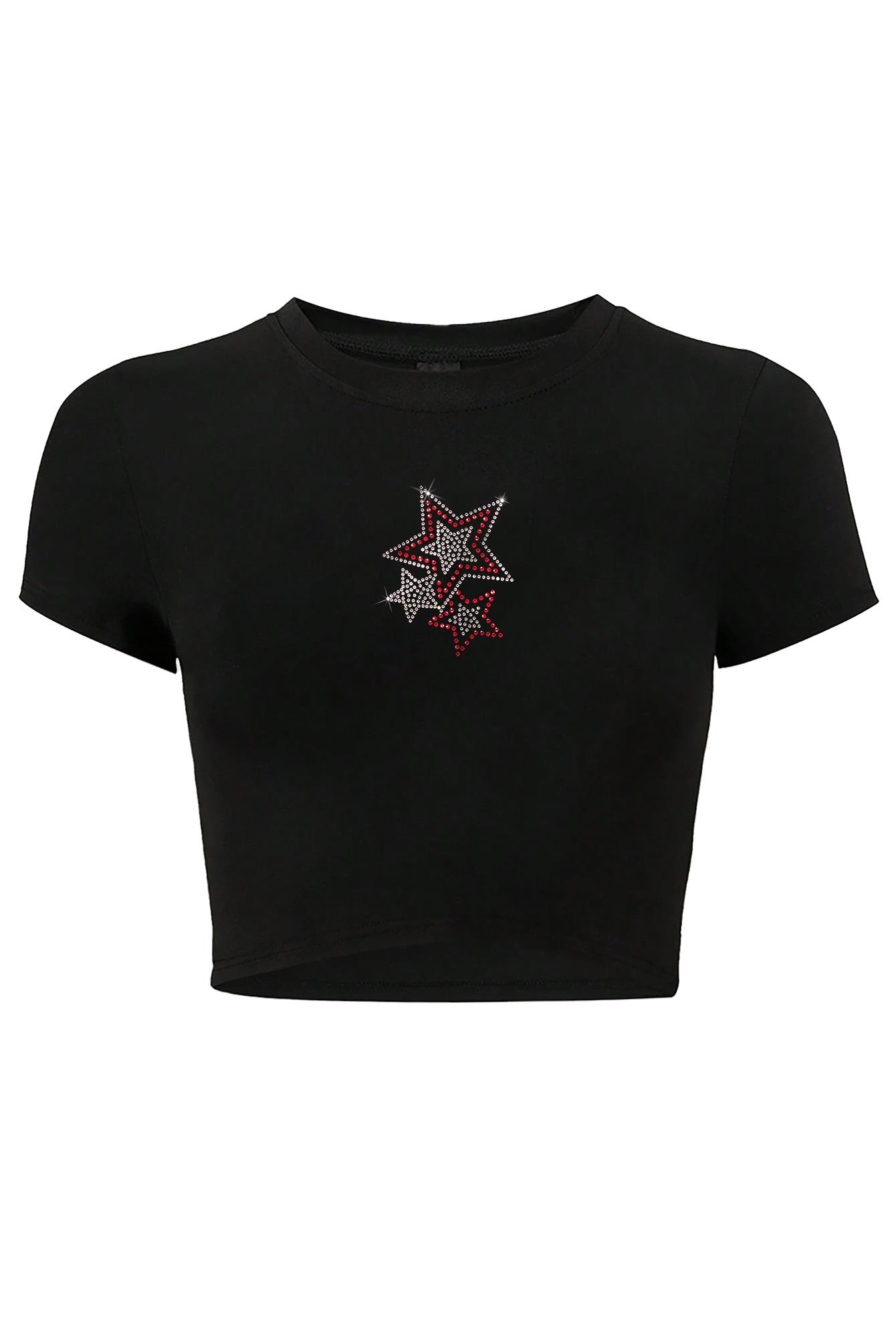 BRZ Collection Kadın Renkli Yıldız Kristal Taş Baskılı Crop T-shirt Siyah
