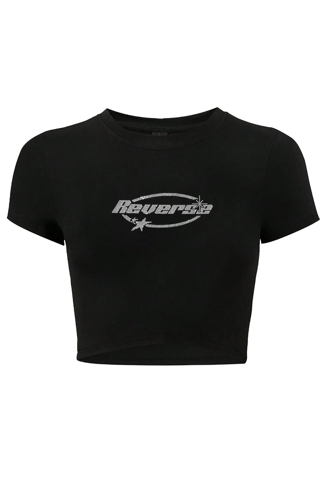 BRZ Collection Kadın Reverse Kristal Taş Baskılı Crop T-shirt Siyah