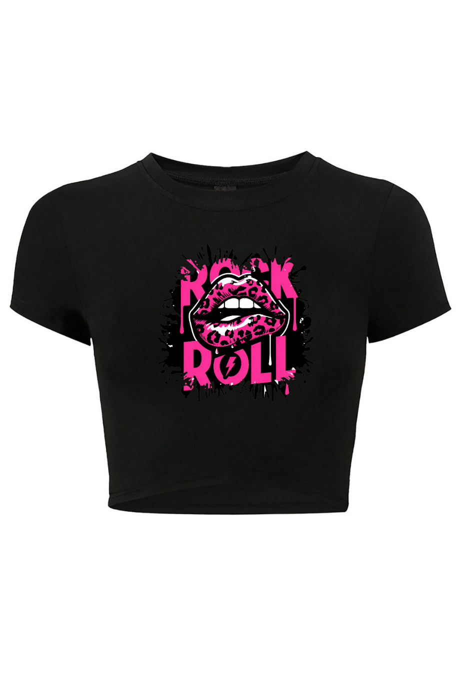 BRZ Collection Kadın Rockn Roll Lips Crop T-shirt Siyah