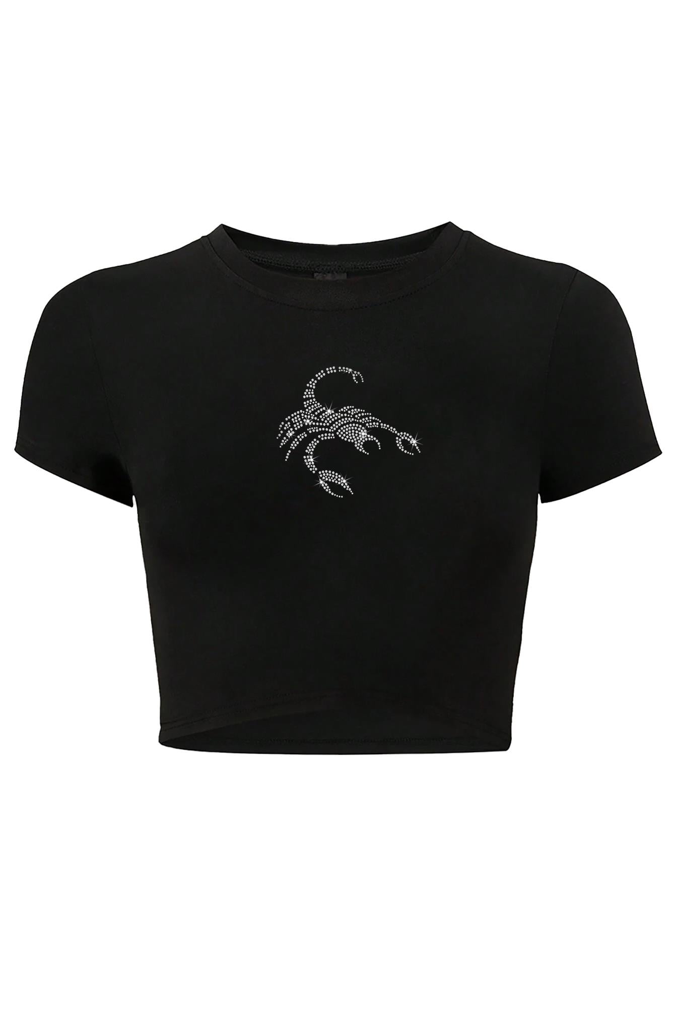 BRZ Collection Kadın Scorpion Kristal Taş Baskılı Crop T-shirt Siyah