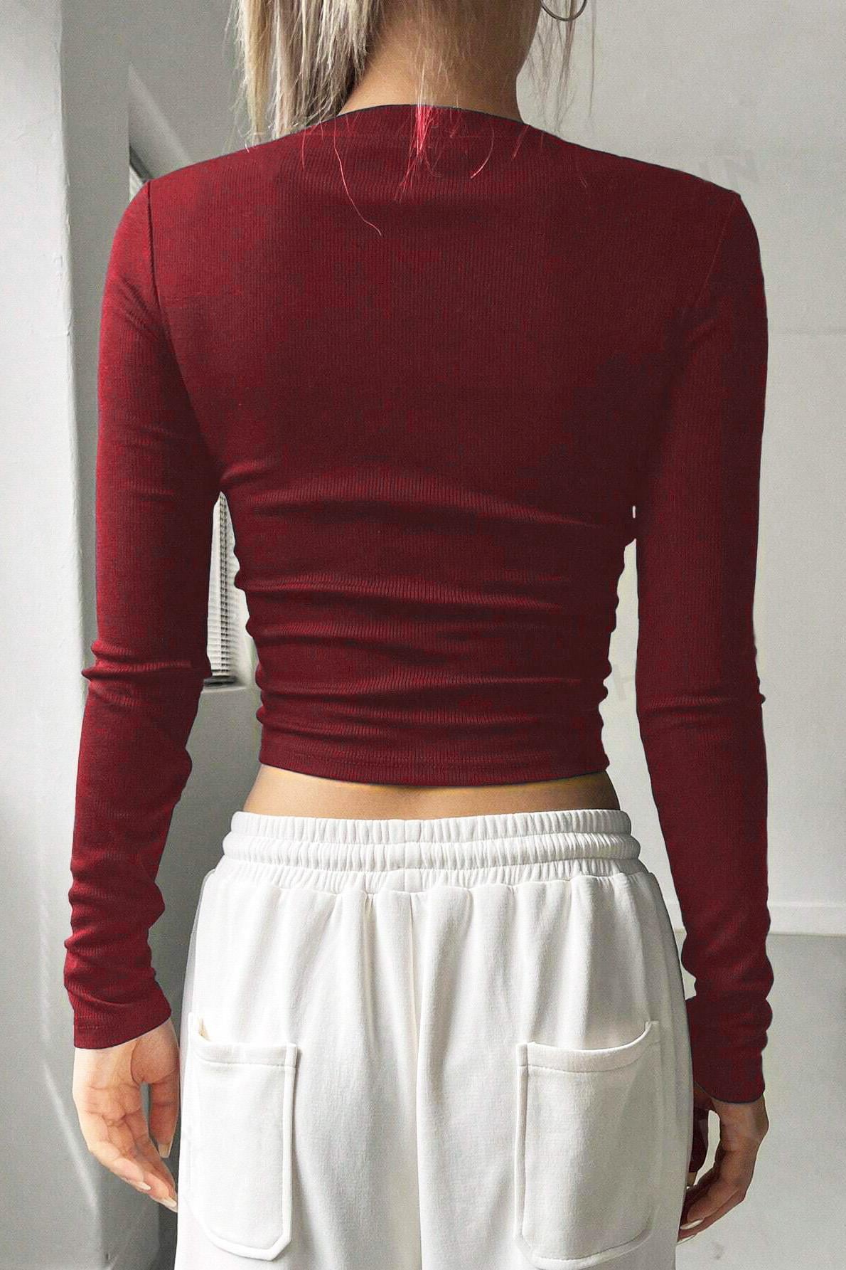 BRZ Collection Kadın Uzun Kollu Fitilli Basic Crop Bluz Bordo