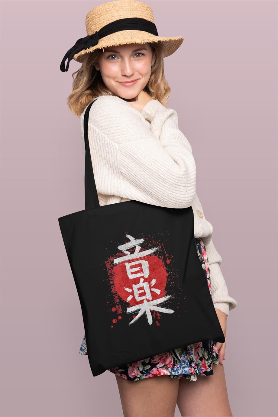 BRZ Collection Kanji Baskılı Tote Bag Gabardin Çanta