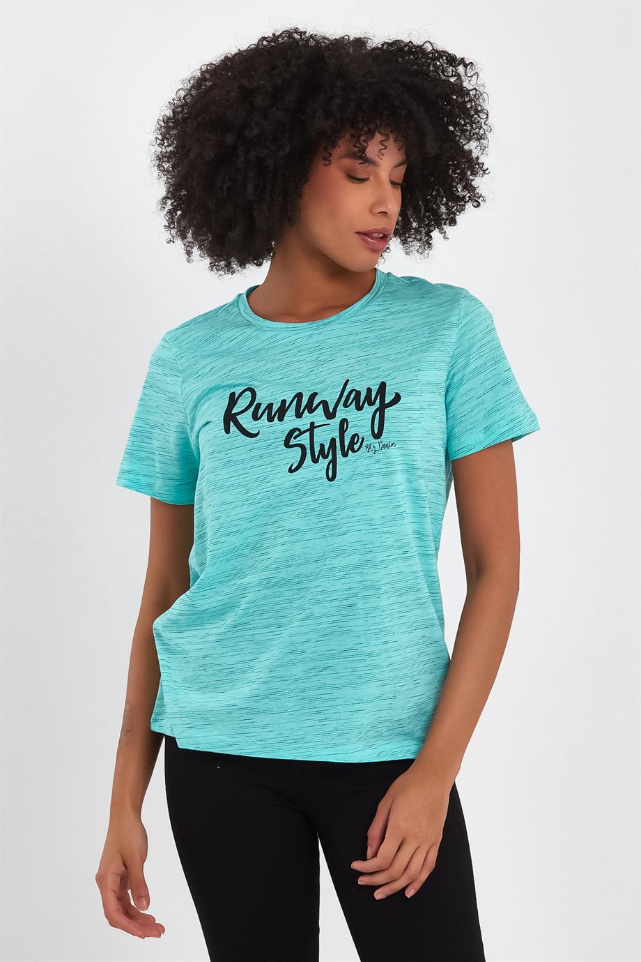 BRZ Collection Mavi Renk Siyah  Kırçıllı Kadın Kısa Kollu T-shirt