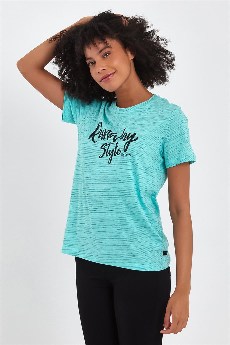 BRZ Collection Mavi Renk Siyah  Kırçıllı Kadın Kısa Kollu T-shirt