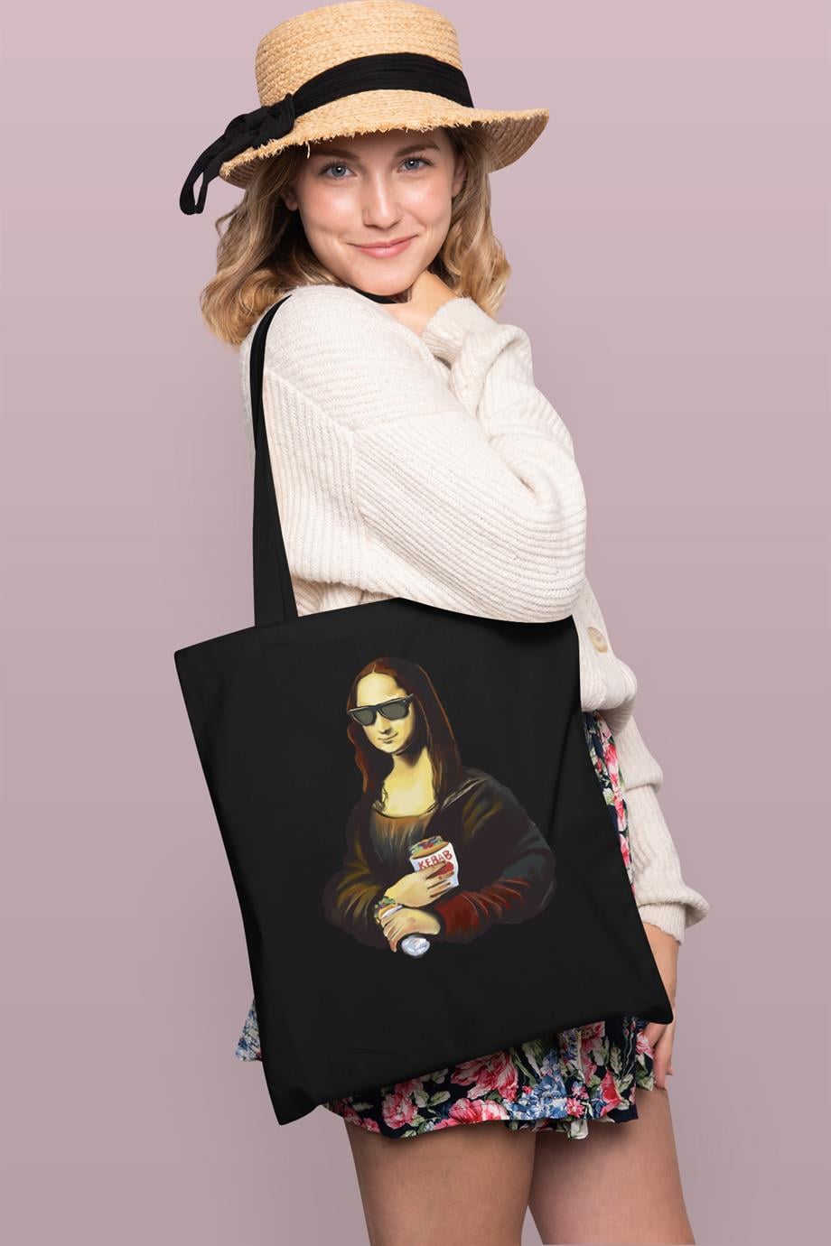 BRZ Collection Monalisa Painting Kebab Baskılı Tote Bag Gabardin Çanta