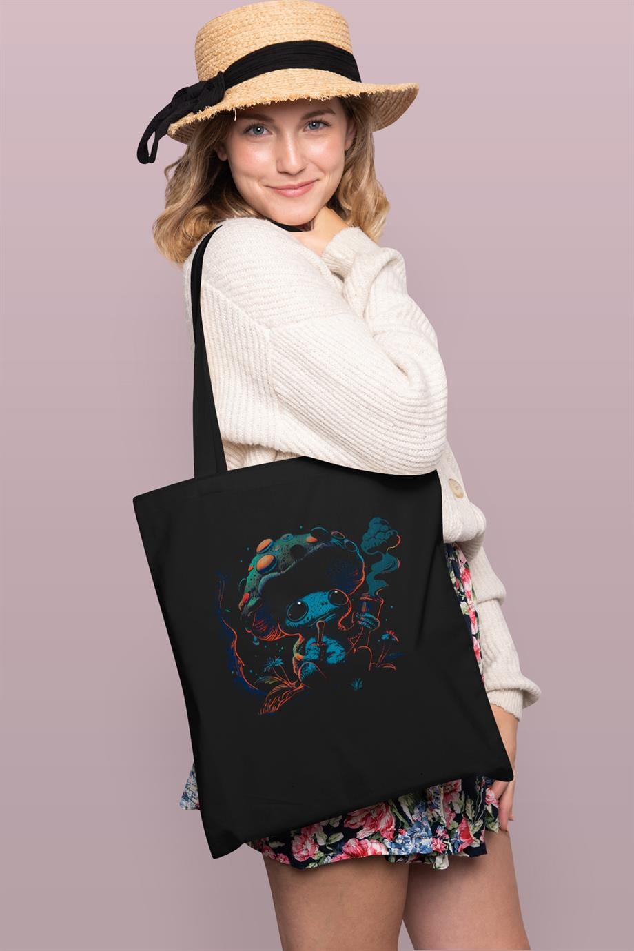 BRZ Collection Mushroom Smoking Forest Baskılı Tote Bag Gabardin Çanta