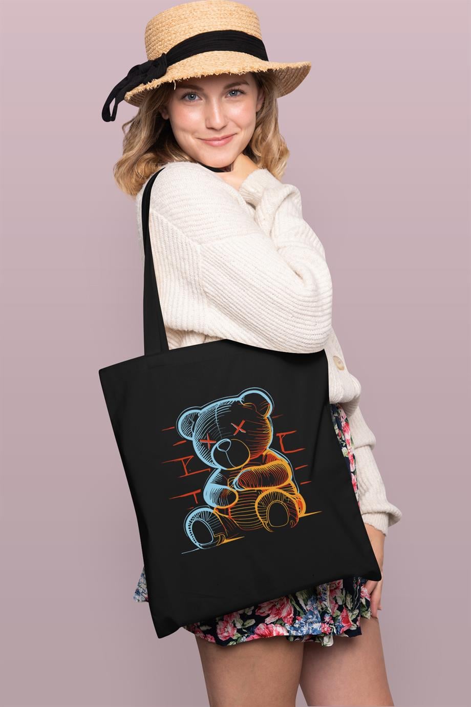 BRZ Collection Neon Teddy Bear Baskılı Tote Bag Gabardin Çanta