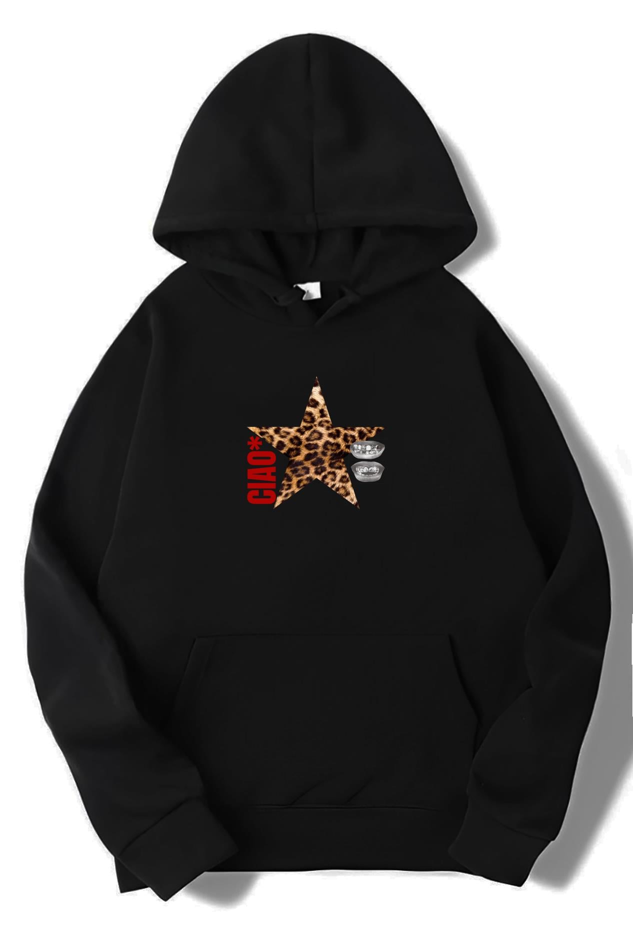 BRZ Collection Kadın Oversize Ciao Leopar Yıldız Desenli Hoodie Siyah