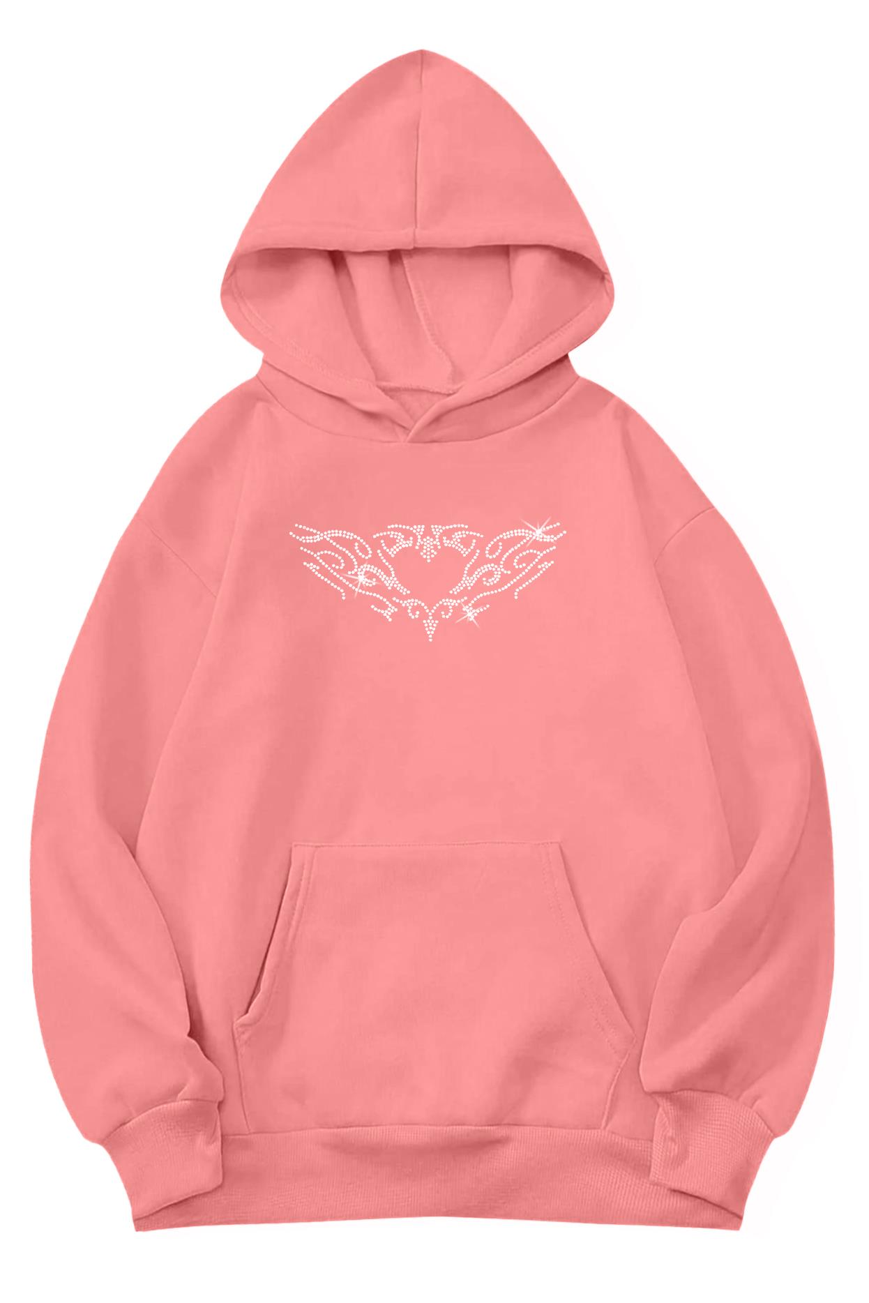 BRZ Collection Unisex Oversize Heart Kristal Taş Baskılı Hoodie Pembe