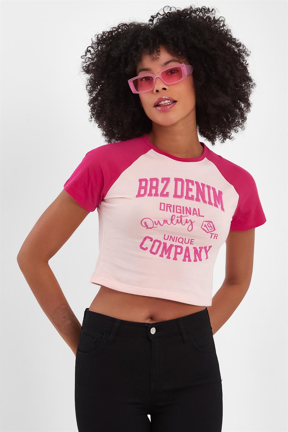 BRZ Collection Reglan Kollu Kontrast Renkli Baskılı Kısa Kol Crop Kadın T-shirt