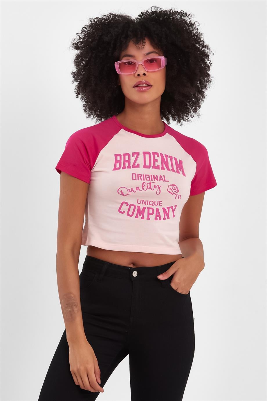 BRZ Collection Reglan Kollu Kontrast Renkli Baskılı Kısa Kol Crop Kadın T-shirt