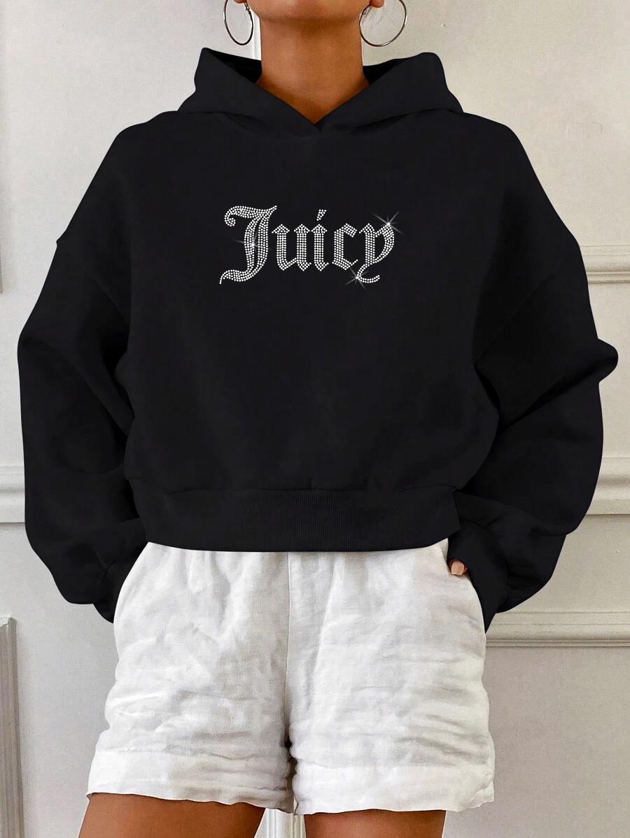 BRZ Collection Relaxed Fit Taş Baskılı Juicy Crop Hoodie Siyah