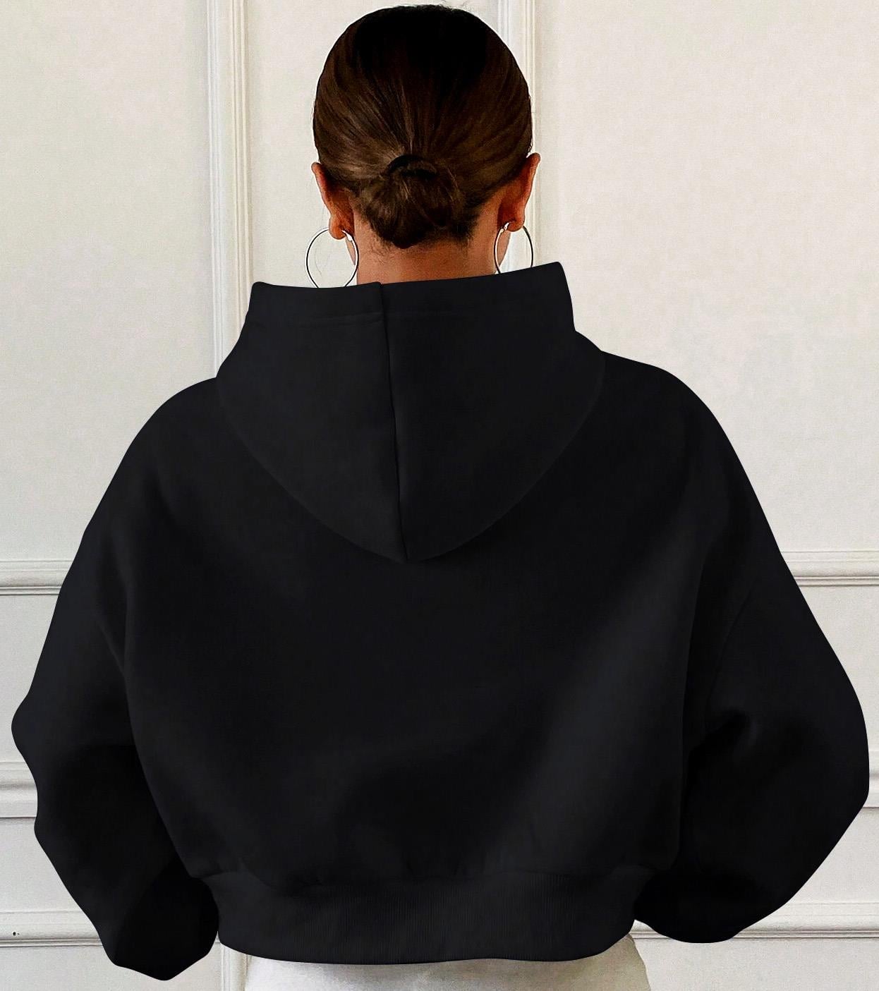 BRZ Collection Relaxed Fit Taş Baskılı Porsche Crop Hoodie Siyah